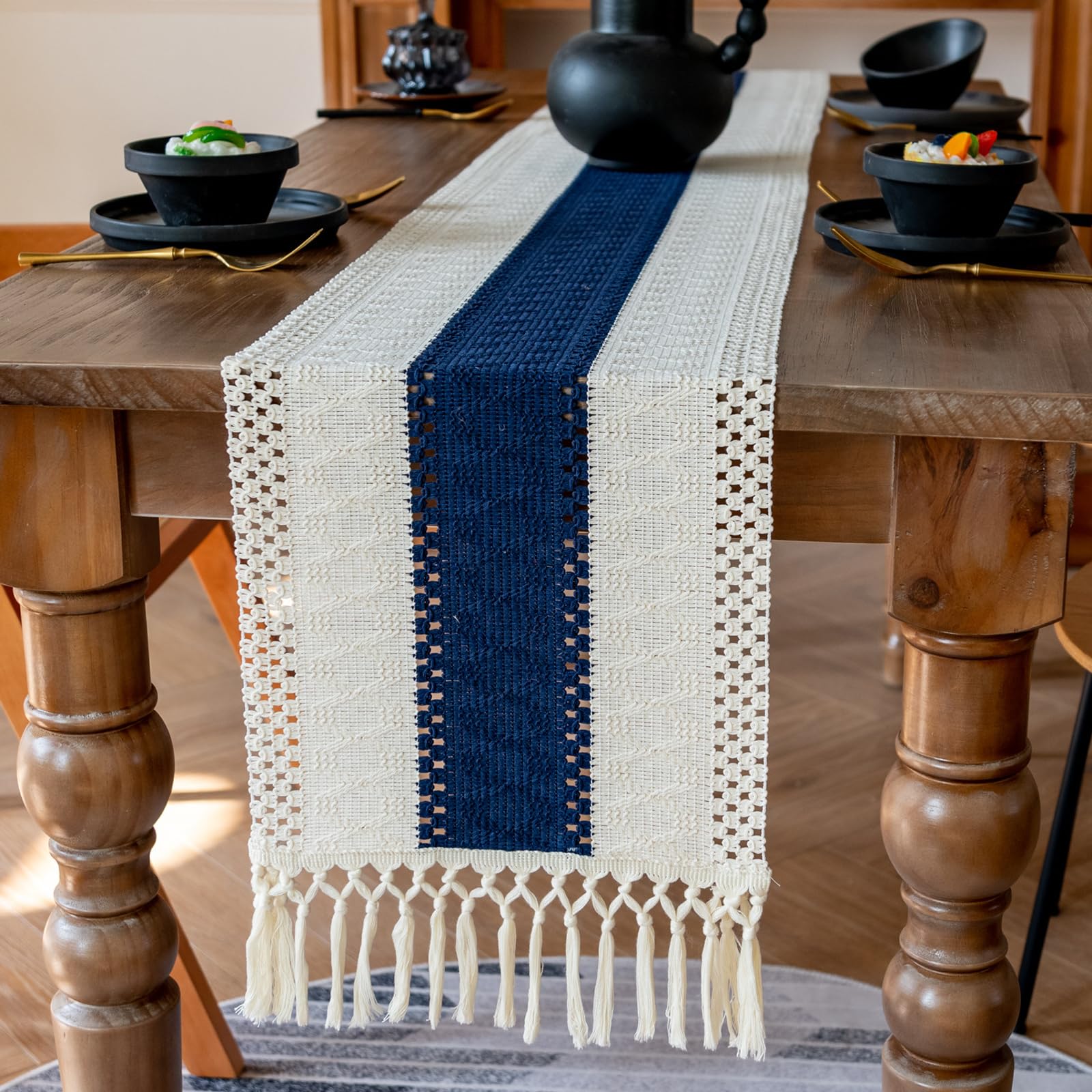 Camino de Mesa de algodón y arpillera Tejido a Mano con borlas, Estilo rústico de Granja for Cocina Bohemia(Blue Stripes,450cm)