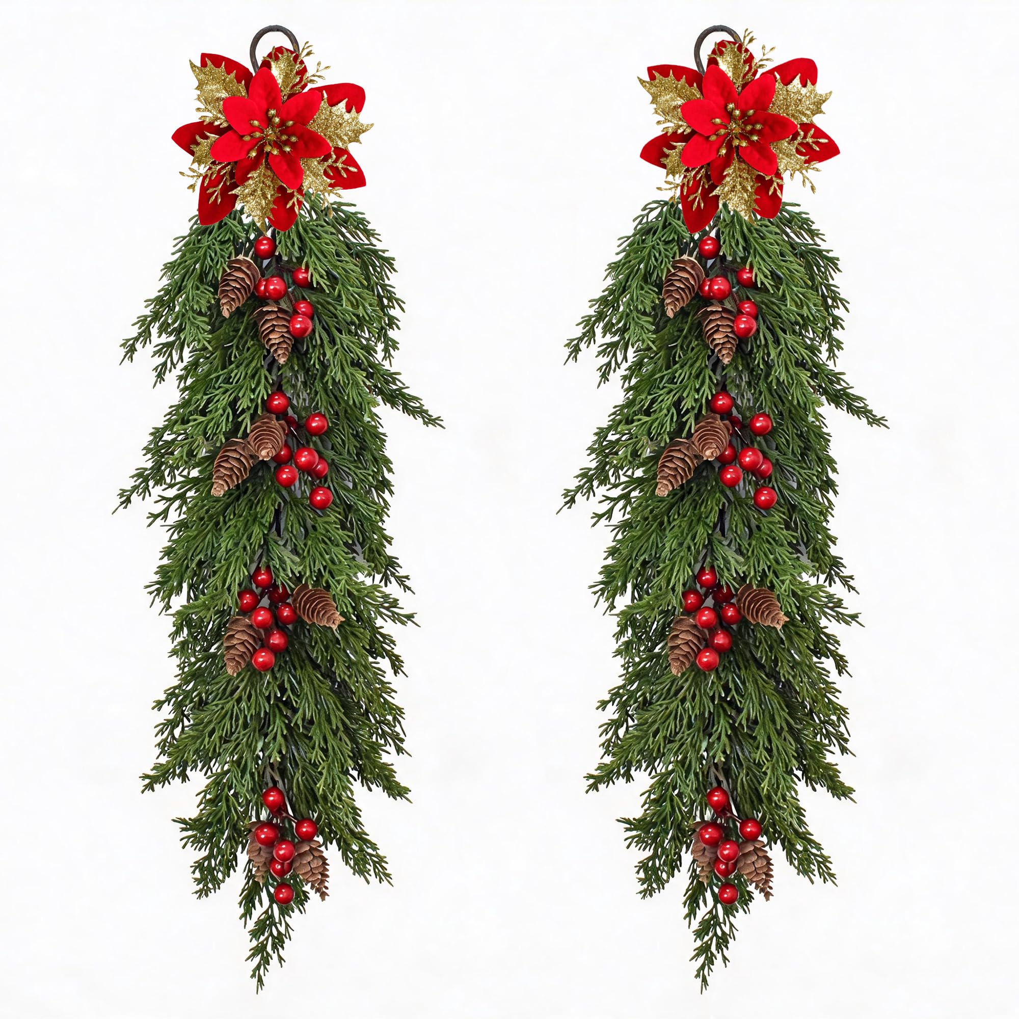 Confezione da 2 ghirlande natalizie artificiali da 63 cm, in pino norfolk, da appendere, con stella di Natale glitterata, bacche rosse e pigne, decorazione natalizia per porta d'ingresso, camino
