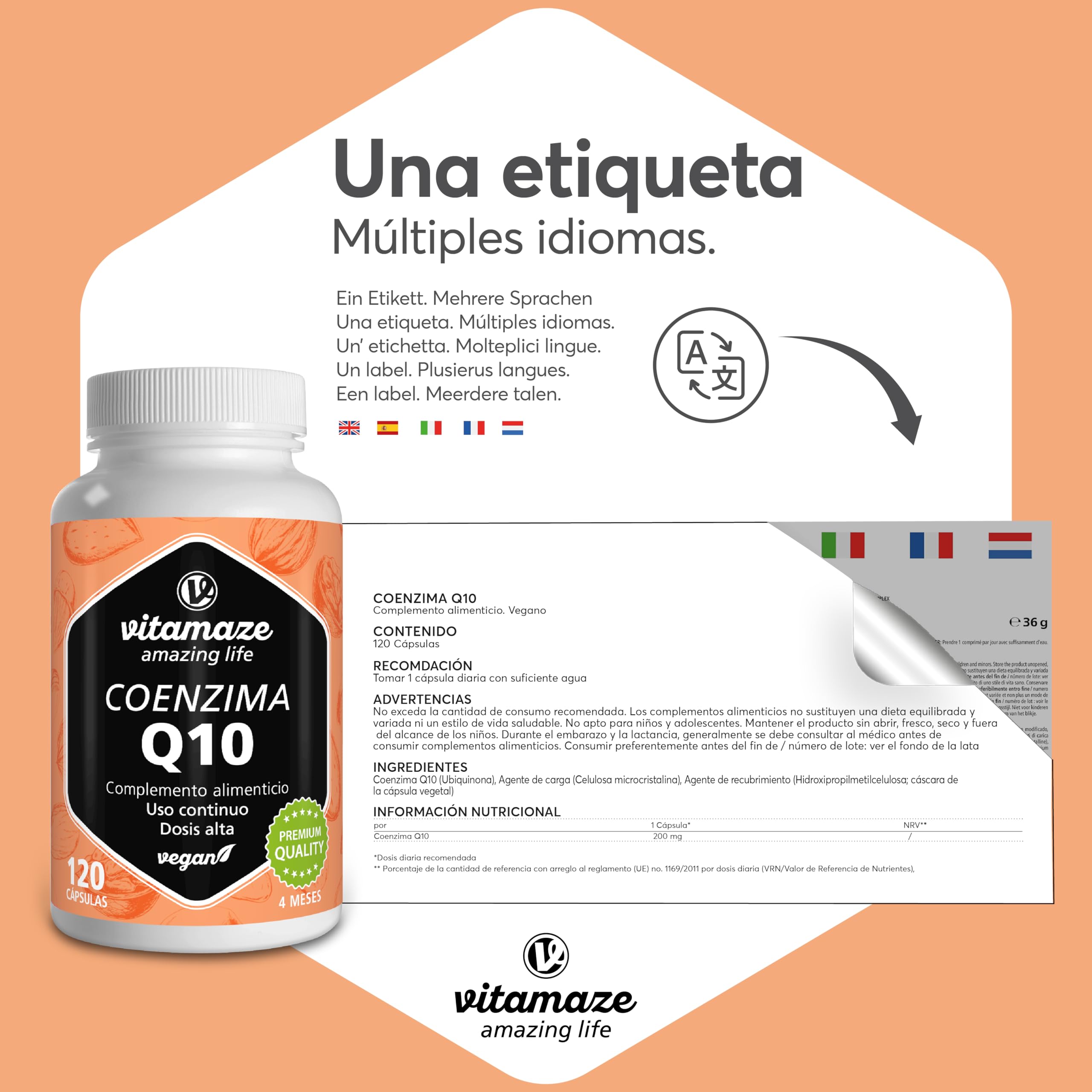Coenzima Q10 200mg 120 Cápsulas Veganas para 4 Meses, Contiene Ubiquinona, Coq10 Naturales Antioxidantes de la Mejor Biodisponibilidad, Calidad Alemana, sin Aditivos Innecesarios - Vitamaze®