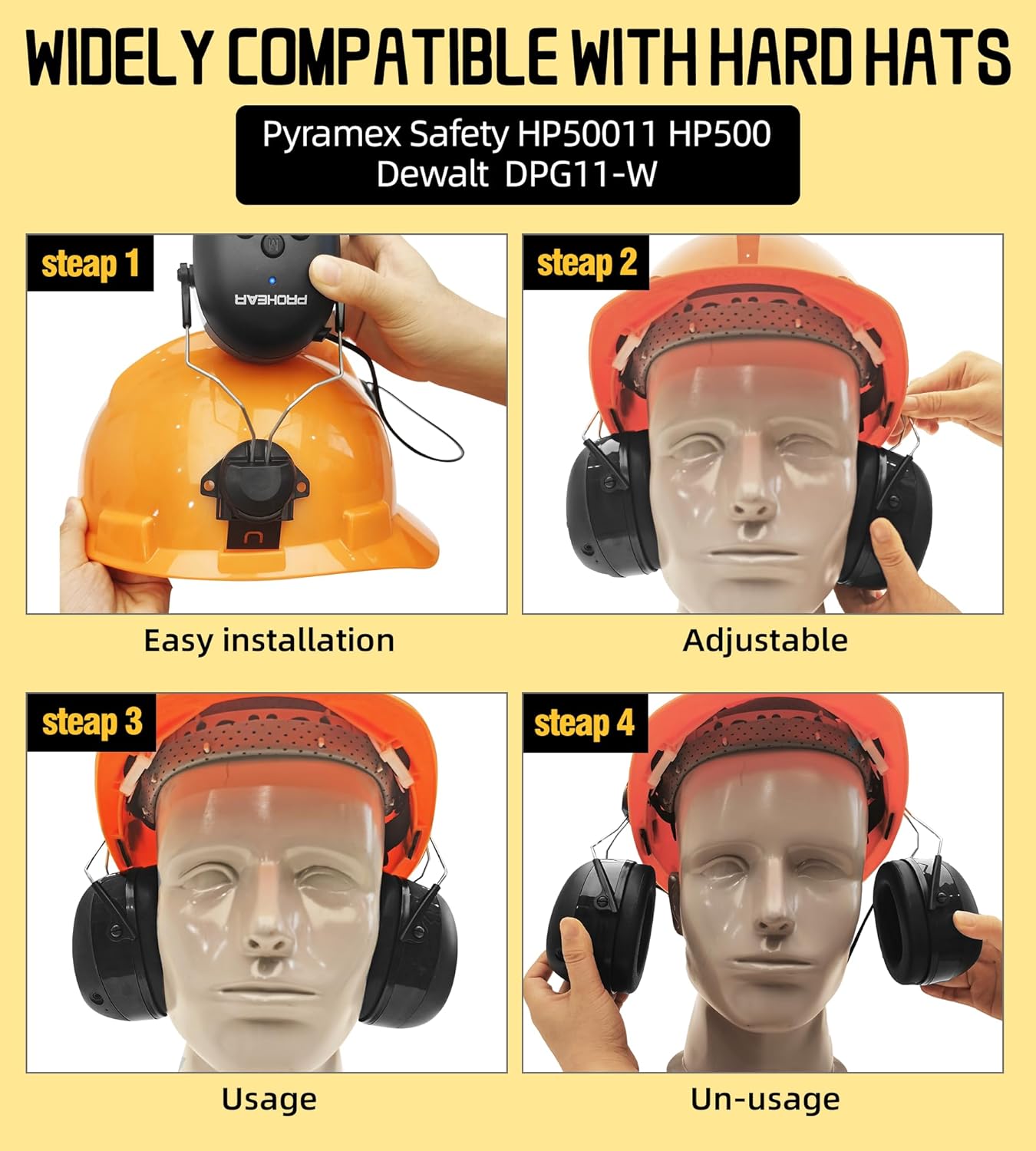 PROHEAR 037BR04 Bluetooth Hearing Protection Headphones - Noise Cancelling for 3M H-700/DEWALT Hard Hats, 40H Playtime (Yellow) - Construction Safety Gear & Lawn Mowing Ear Protection