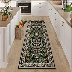 Runner Rug Washable Kitchen 2'x10' Rug Floral Non-Slip for Entryway Indoor Soft Carpet Runner for Hallways, Kitchen, Laundry, Bedroom, Bathroom (Emerald Green)