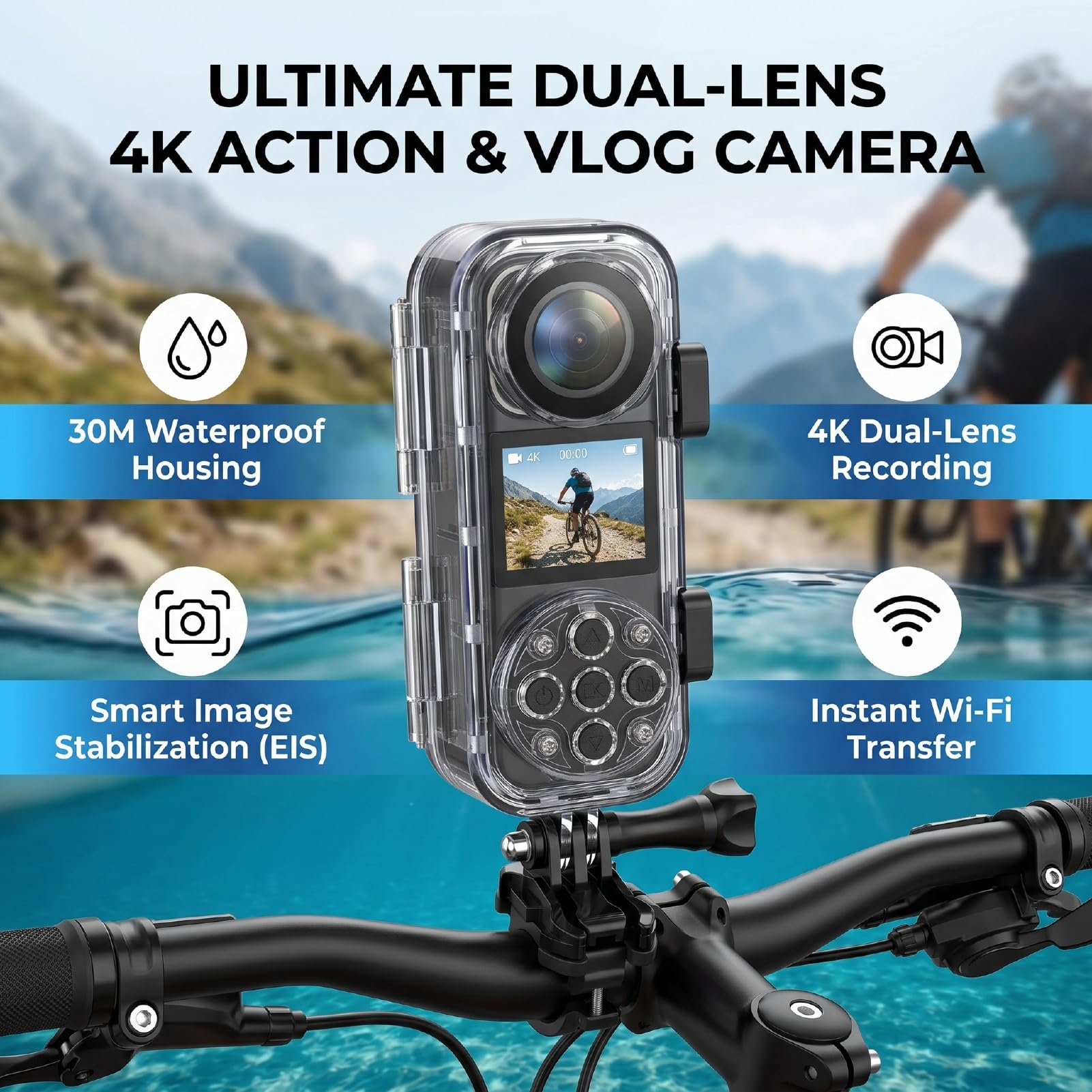 Tangxi Videocamera Subacquea 30M Videocamera Vlog 4K, Doppio Obiettivo DV | Stabilizzatore Elettronico Dell'immagine, Obiettivo Grandangolare da 130°, Schermo da 1,53 Pollici, Batteria da 2000 MAh,