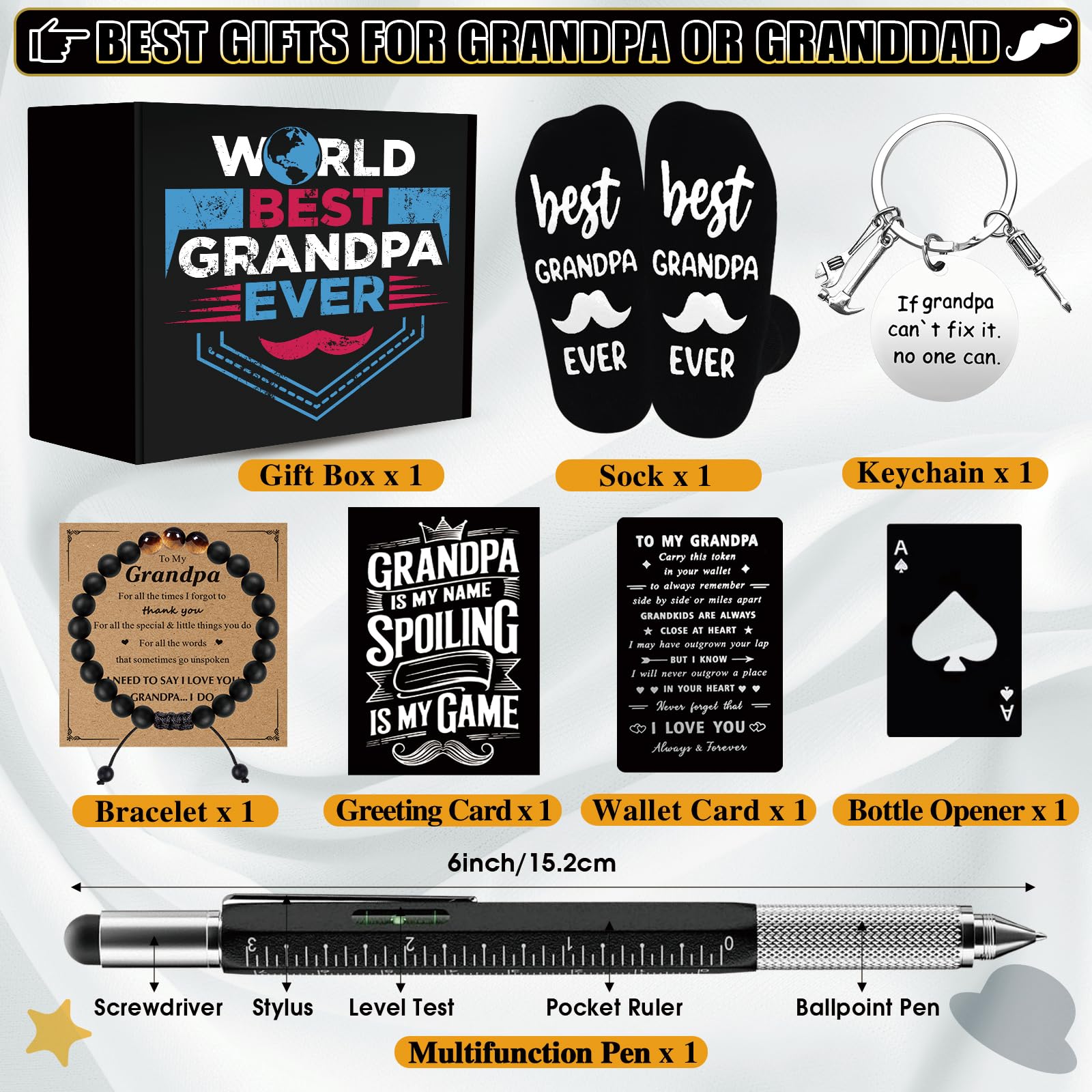 JTAMOHI 11 Pieces Grandpa Gifts, Best Grandpa Ever Gift with 20 Oz Tumbler Socks Baseball Cap Tape Measure Bracelet Wallet Card Keychain, Fathers Day Birthday Christmas Gift for Grandfather Granddad