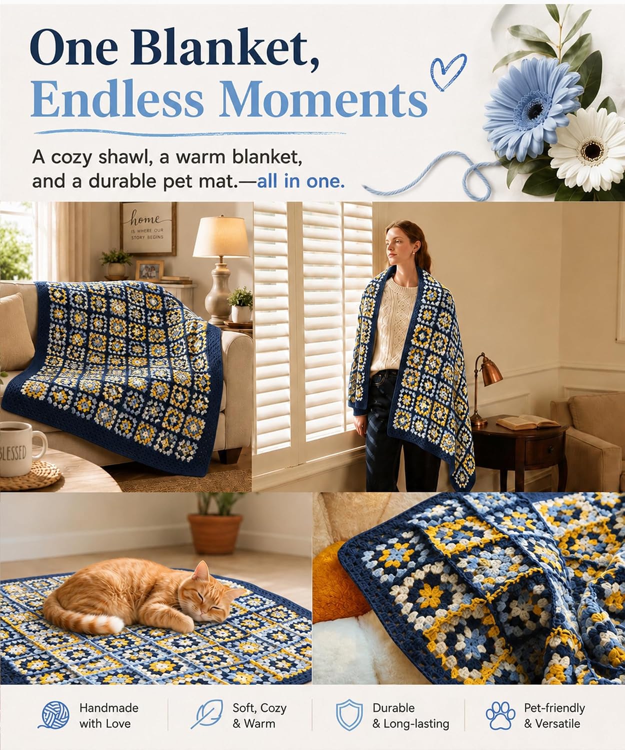 Kitcroet Granny Square Blanket Crochet Kit for Beginners, Easy Crochet Kit