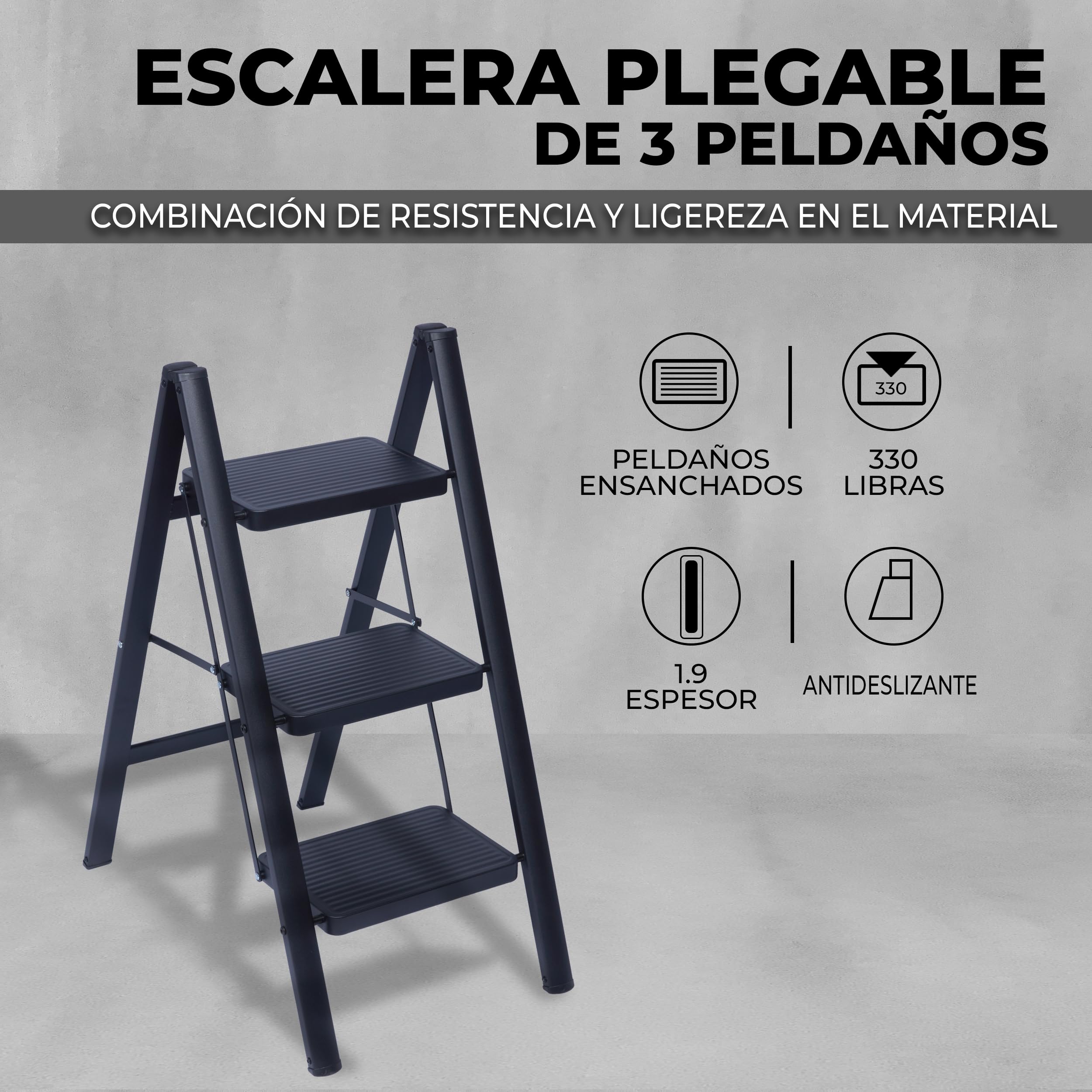 UZIRO Escalera Plegable 3 Peldaños, Escaleras Decorativa, Peldaños Anchos Antideslizantes, Ideal para Uso en Hogar, Cocina y Oficina, Fácil de Guardar y Transportar, Resistente (Negro, 3 Peldaños)