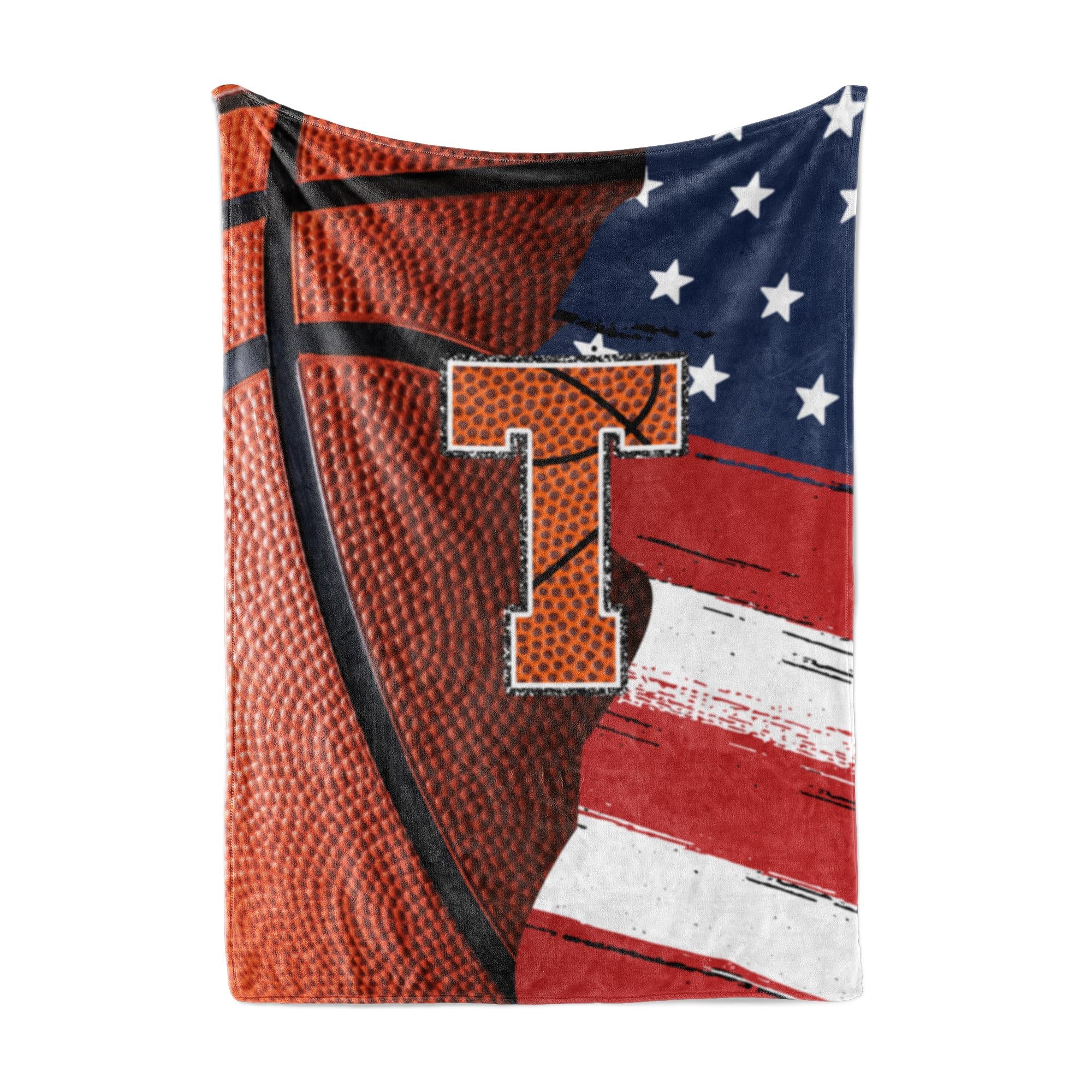 Huglanket Basketball Blanket for Boys, Teen, Coaches, Personalized Blanket with Initials, Flannel Throw Blanket for Birthday, Christmas, 50x65 Inches, T