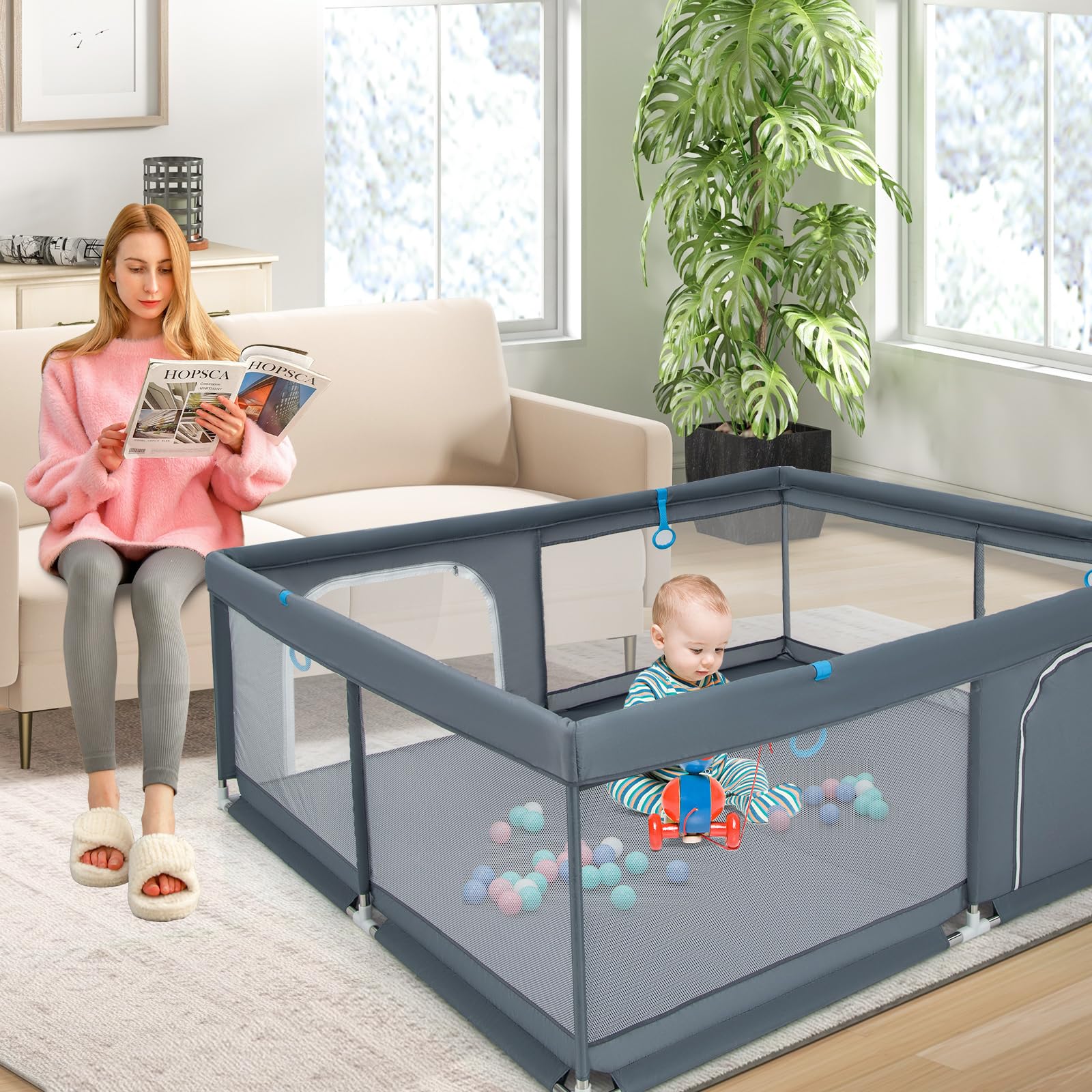 GYMAX 200 x 180 CM Recinto da Gioco per Bambini, Box per Bambini con Rete Traspirante, 50 Palline dell'Oceano e Anelli, Centro Attività con Borsa di Stoccaggio per 0-3 Anni, Blu/Verde/Grigio (Grigio)