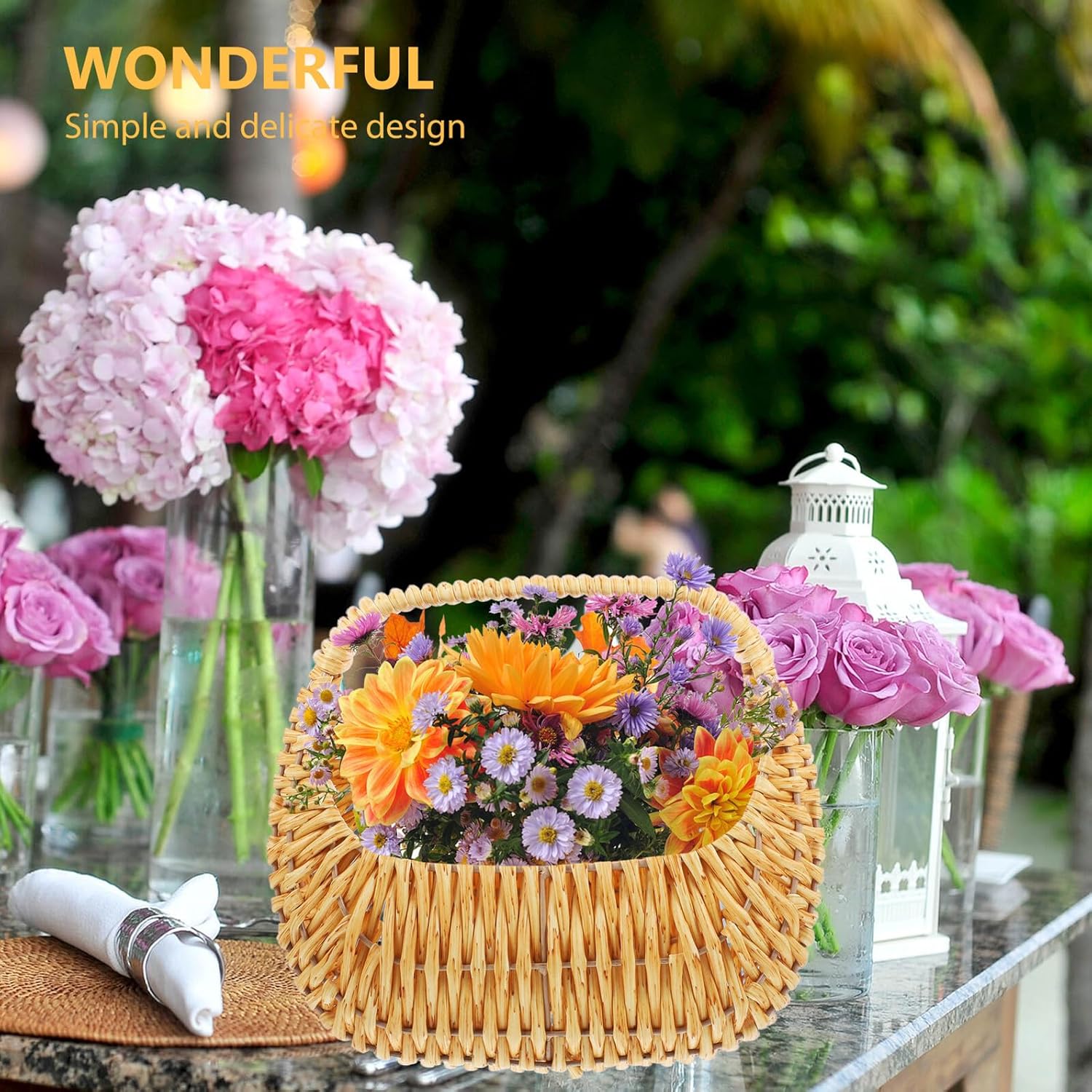 Woven Handheld Flower Basket Beige Vintage Picnic Basket with Handle for Wedding Ceremony and Flower Girl Use