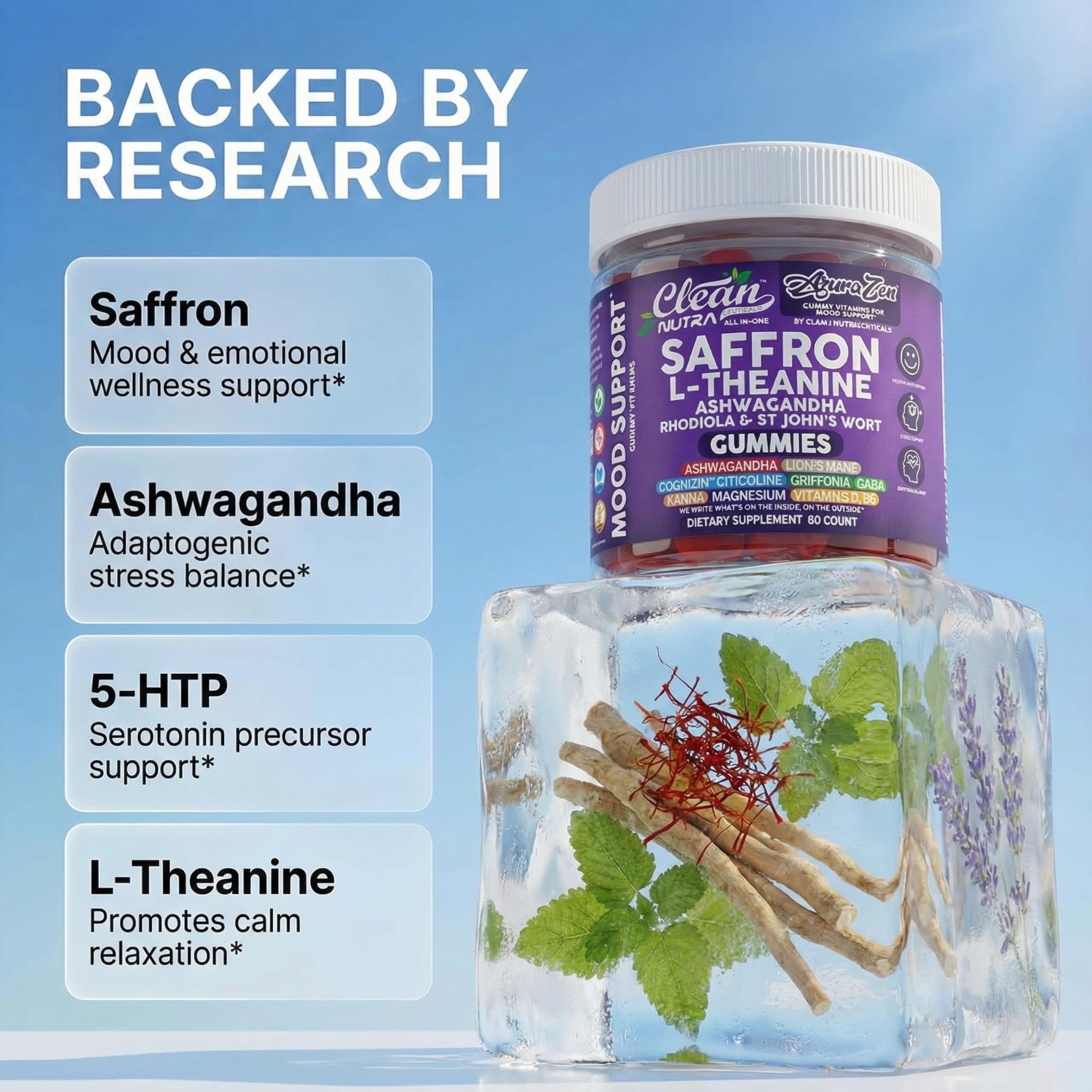 AuraZen Mood Support Saffron Gummies L-Theanine Ashwagandha Rhodiola St John's Wort Lions Mane GABA Vitamin D Magnesium Supplement | Calm Vegan Plant-Based Herbal Gummy By Clean Nutra — Amazon image 3