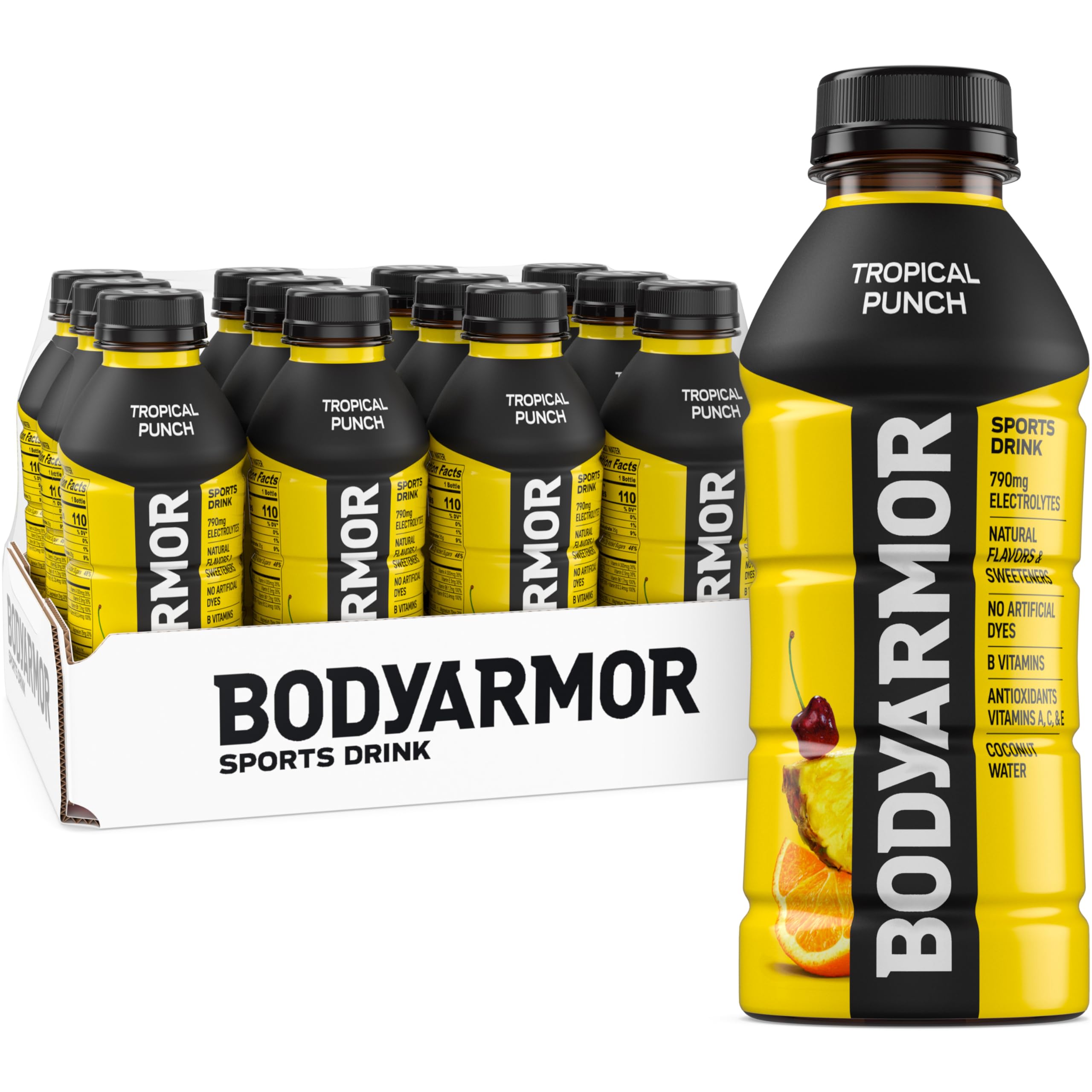 BODYARMOR Sports Drink Sports Beverage, Tropical Punch, Coconut Water Hydration, Natural Flavors With Vitamins, Potassium-Packed Electrolytes, Perfect For Athletes, 16 Fl Oz (Pack of 12)