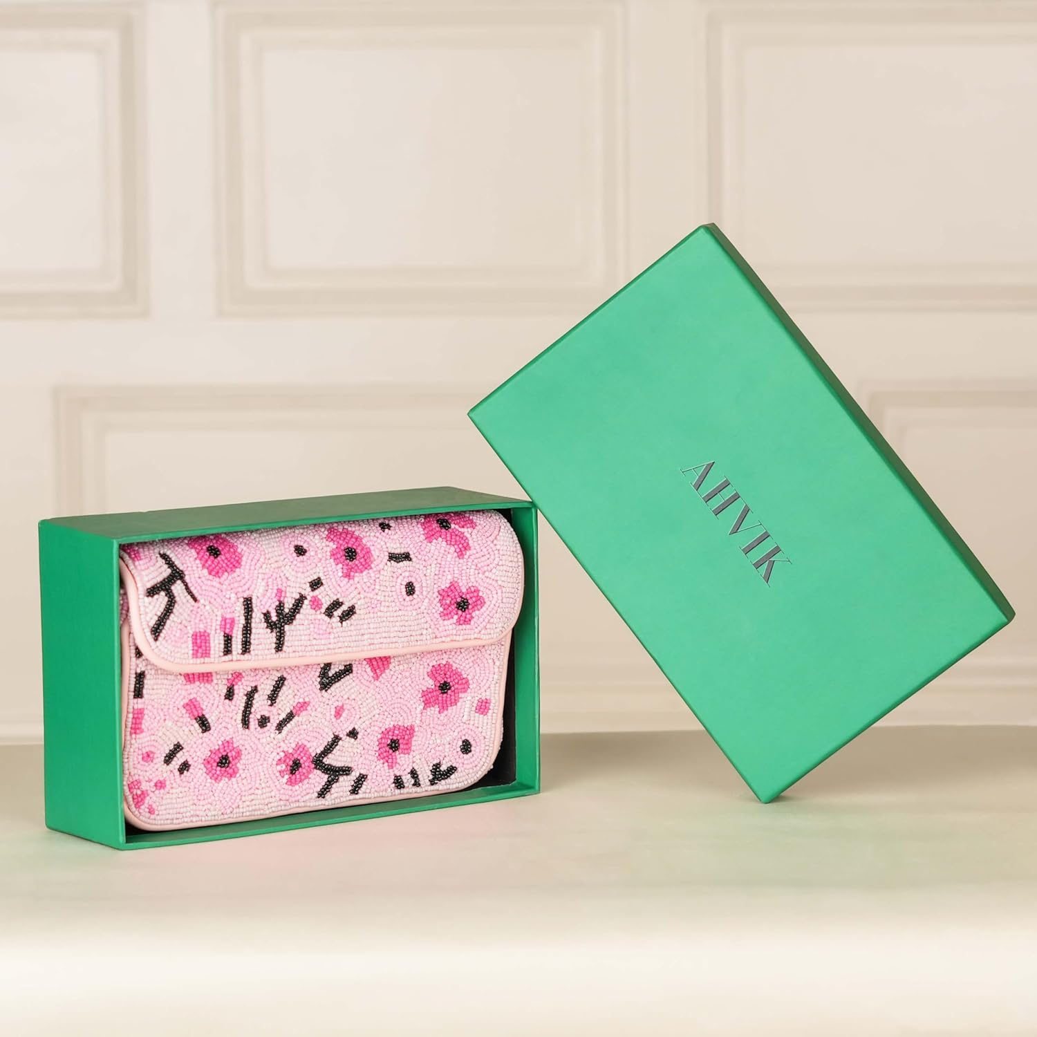 Indian Shelf Handmade Pink Beaded Shoulder Bag with Floral Embroidery Stylish Women Purse (with Box) - Image 9