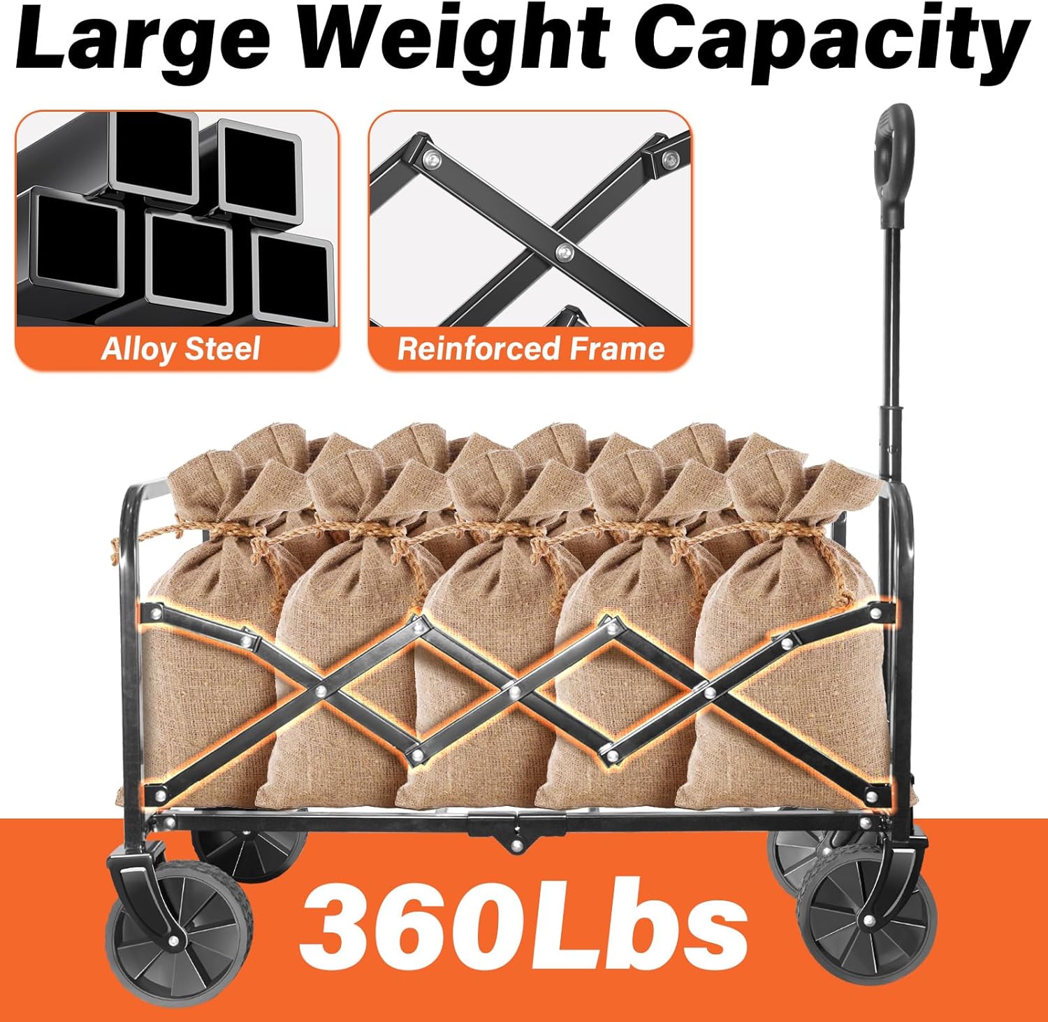 Wagons Carts Foldable - 360Lbs Collapsible Wagon Cart with Wheels Portable - Folding Wagon Lightweight for Camping, Sports, Travel, Picnic, Groceries, Shopping