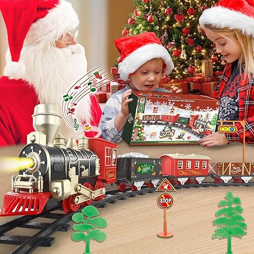 Miniatura 8 de JUQU - Juego de tren eléctrico de Navidad para niños de 4 a 8 años, modelo clásico de locomotora con luces, música y pistas, tren de juguete para