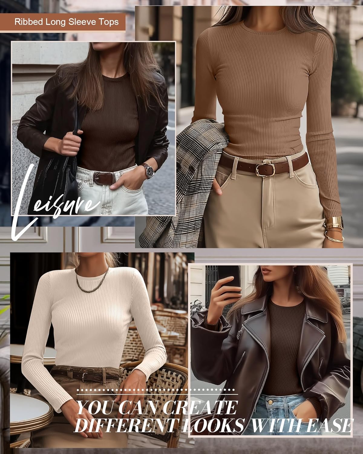 Ficerd 3 Pack Women's Ribbed Long Sleeve Tops, Crew Neck Slim Fit Undershirts Knit Basic Casual Stretch Layering Tee Shirts - Image 4