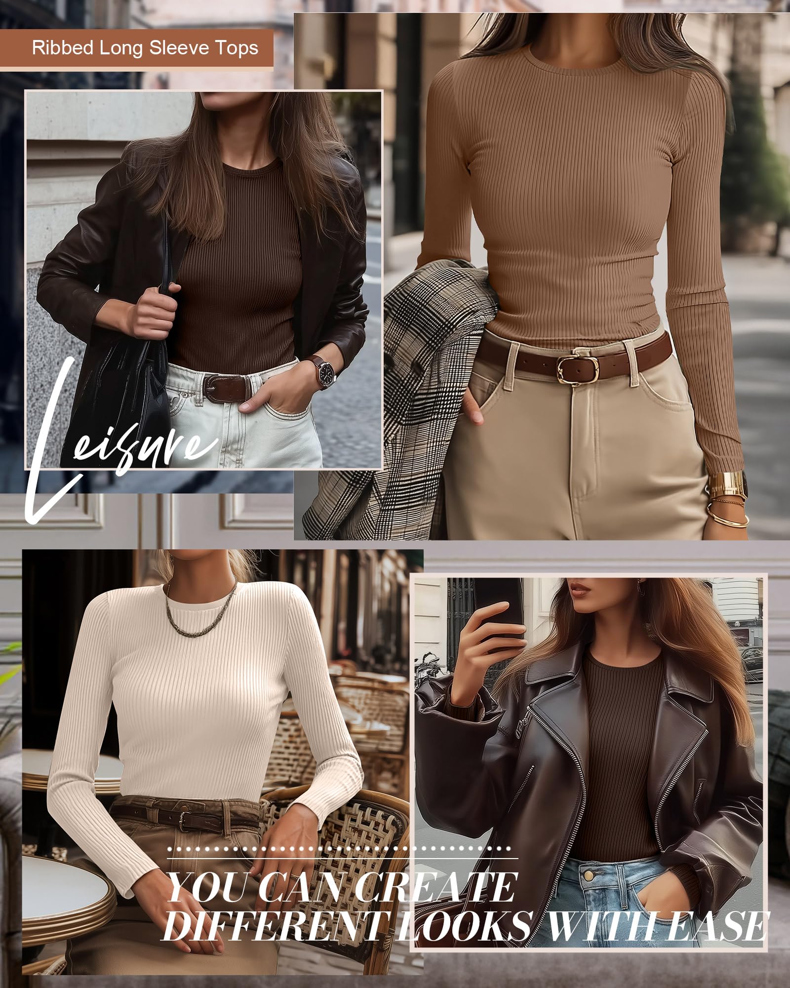 Ficerd 3er-Pack Damen-Rippstrick-Langarm-Tops mit Rundhalsausschnitt, Schmaler Passform, Dehnbar, Ideal zum Layern