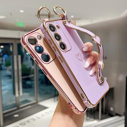 Vista 64 de ZTOFERA Funda para Samsung Galaxy S22 Plus 5G con correa para la muñeca, bonito borde chapado de lujo, patrón de corazones de amor para niñas y Azul