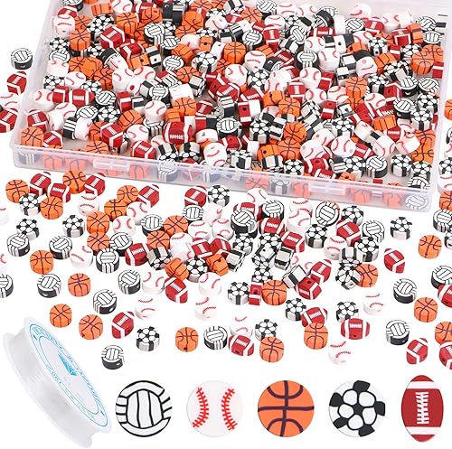 300 cuentas deportivas de arcilla polimérica a granel, béisbol, fútbol, baloncesto, voleibol, rugby, cuentas con cuerda elástica para hacer joyas,
