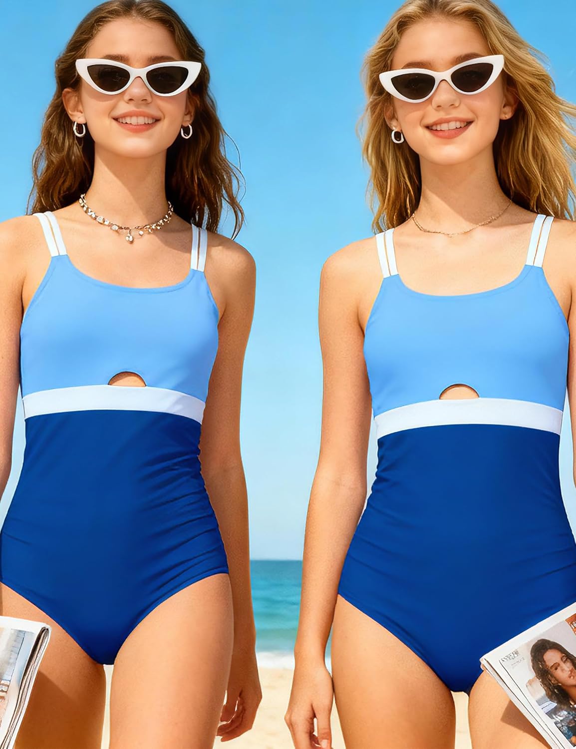 Qaoerde Girls Swimsuit One Piece Bathing Suit Color Block Waist Cutout Double Thin Shoulder Straps Swimwear 9-16Y - Image 5
