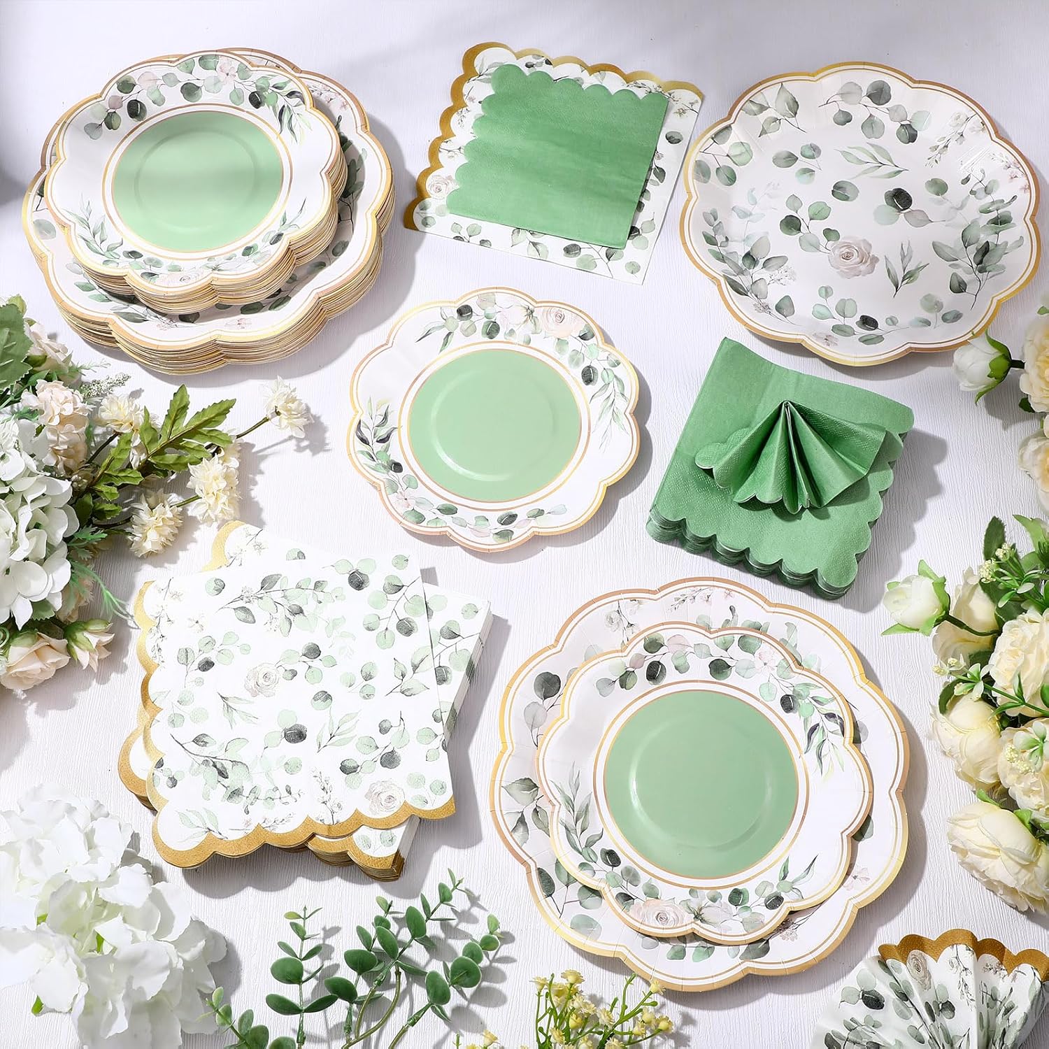 Funnymoom 200 Pcs Eucalyptus Party Supplies Kit Sage Green Disposable Paper Dinner Dessert Plates Luncheon Napkins and Beverage Napkins for Birthday Baby Shower Bridal Shower Wedding Party 50 Guests