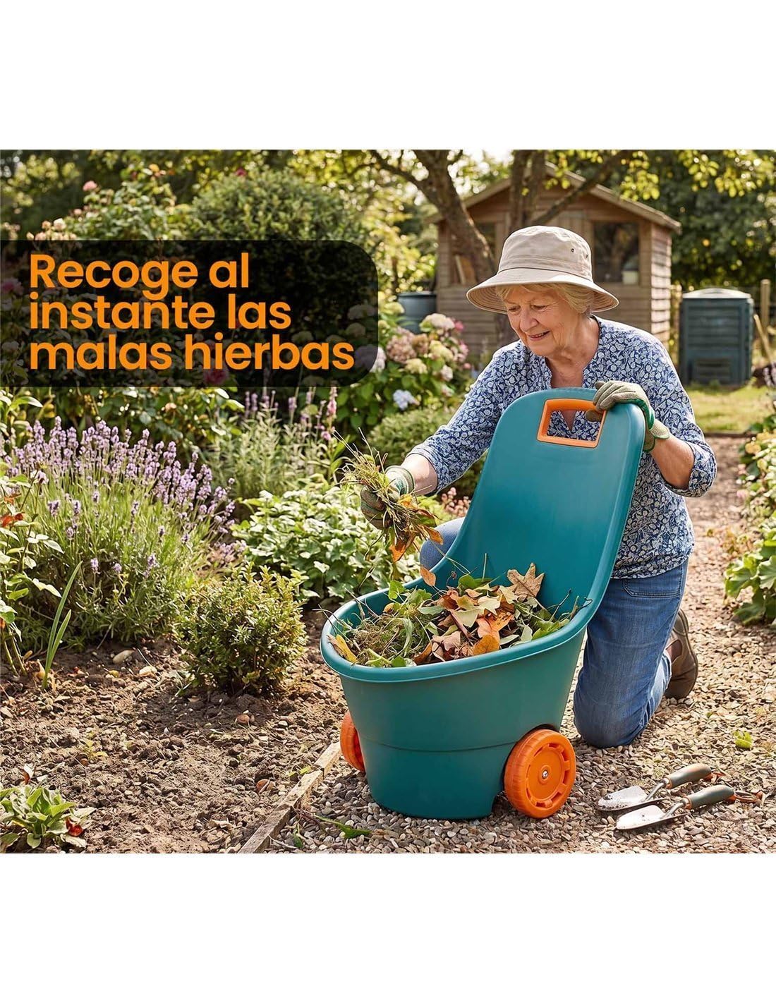 JARDIN202 - Carrito Multiusos de 68 litros Verde/Naranja Jardín, Recolección y Transporte, PVC de Alta Resistencia | 68 litros