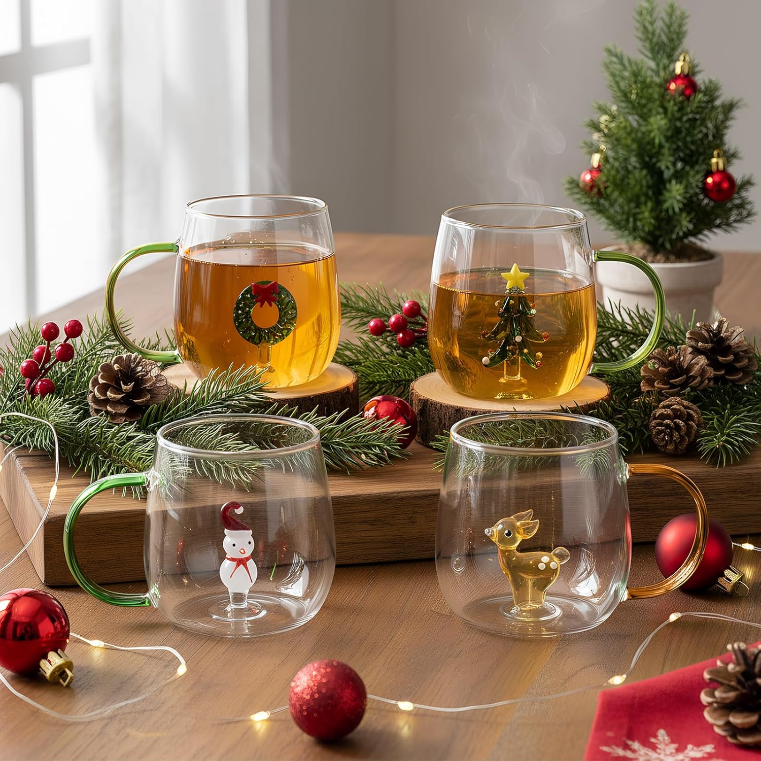 Yaomiao 4 Pcs 13.5 oz Christmas Wine Glasses with Tree Snowman Deer Figurine Inside, 3D Christmas Drinking Glass Cup Drinkware with Handle for Housewarming Party Supplies Gifts Xmas Table Decor - Image 4