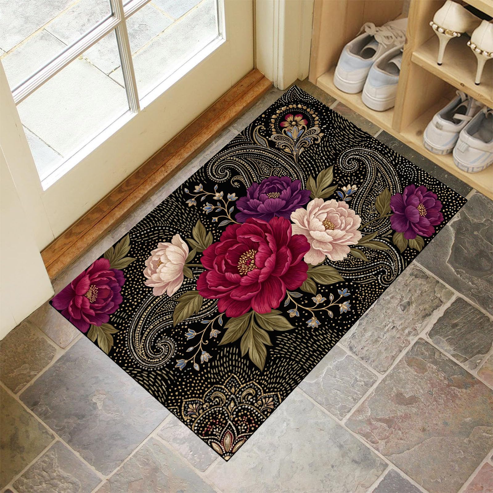 Zerbino Interni Motivo Floreale Paisley Vintage 60X90Cm, Antiscivolo Lavabile, Tappeto Da Ingresso Peonia Medievale, Tappetino Pelo Basso Antipelo Per Porta D’Ingresso, Marrone Scuro