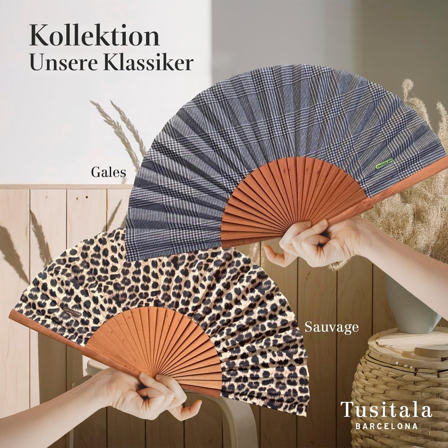 Spanischer Handfächer Sauvage–Holz und Baumwolle–23 cm–Etui und Hülle aus Jute–Modeaccessoire–Handgefertigt in Spanien–Events und Geschenke–Unsere Klassiker-Kollektion–Tusitala Barcelona