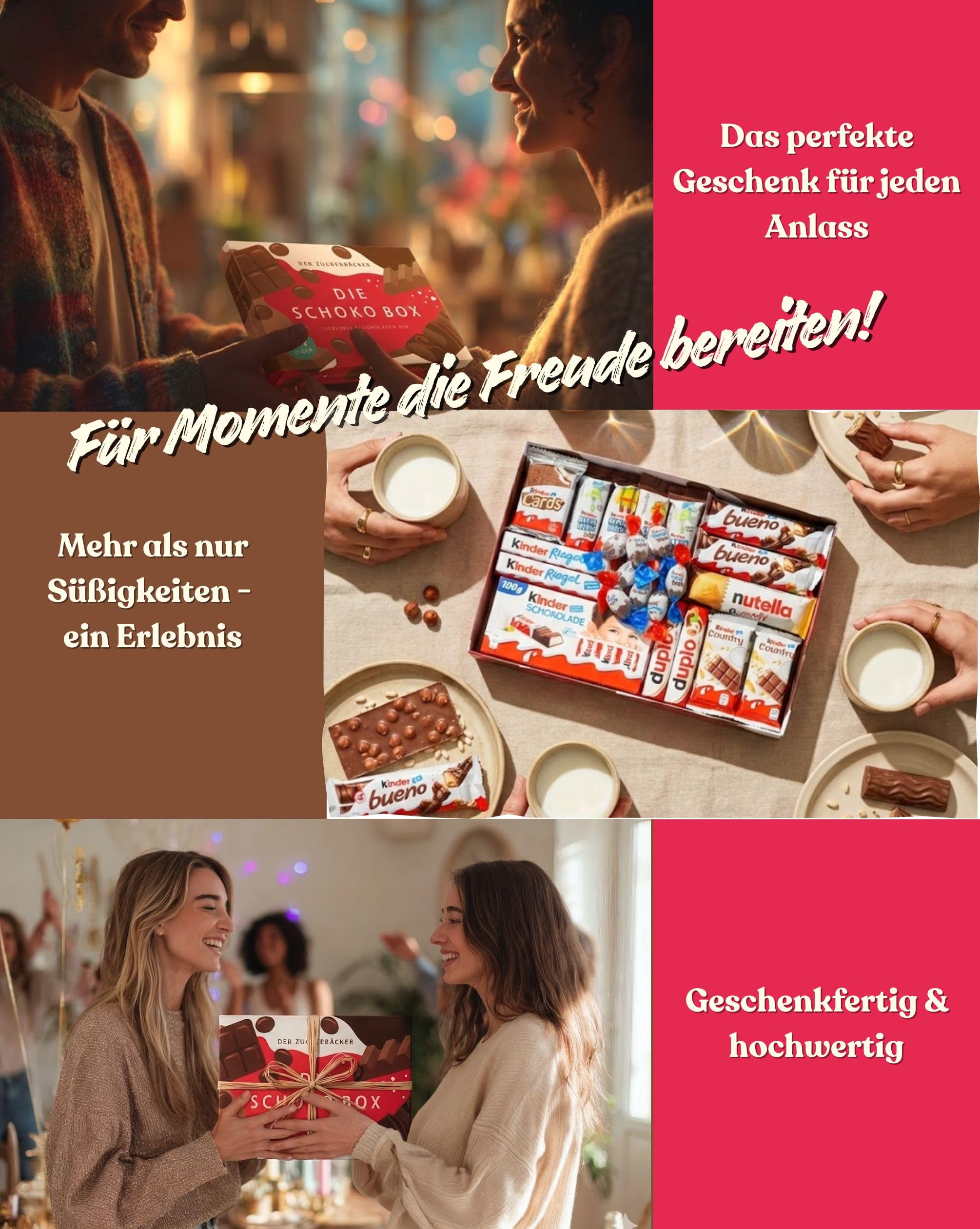 Süßigkeiten Box mit Kinderschokolade - Genussmomente von Der Zuckerbäcker, Premium Schokoladen Mix mit Bueno, Kinder Schokolade und Kinder Country, 54 Teile als Geschenk für Party und Geburtstag