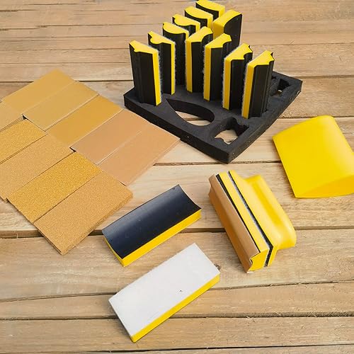 Miniatura 6 de Juego total de 56 bloques de lijado a mano, 16 bloques de lijadora de perfil contorneado + kit de papel de lija de 40 hojas, formas convexas y