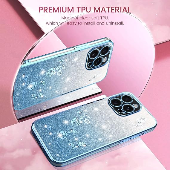 対応Huawei Mate 50 Pro キラキラ花柄 ショルダーストラップ付き 薄型TPUソフト 耐衝撃 レディーススマホケース ワイヤレス充電対応 おしゃれ かわいい クリア ブルー