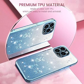 対応Huawei Mate 50 Pro キラキラ花柄 ショルダーストラップ付き 薄型TPUソフト 耐衝撃 レディーススマホケース ワイヤレス充電対応 おしゃれ かわいい クリア ブルー