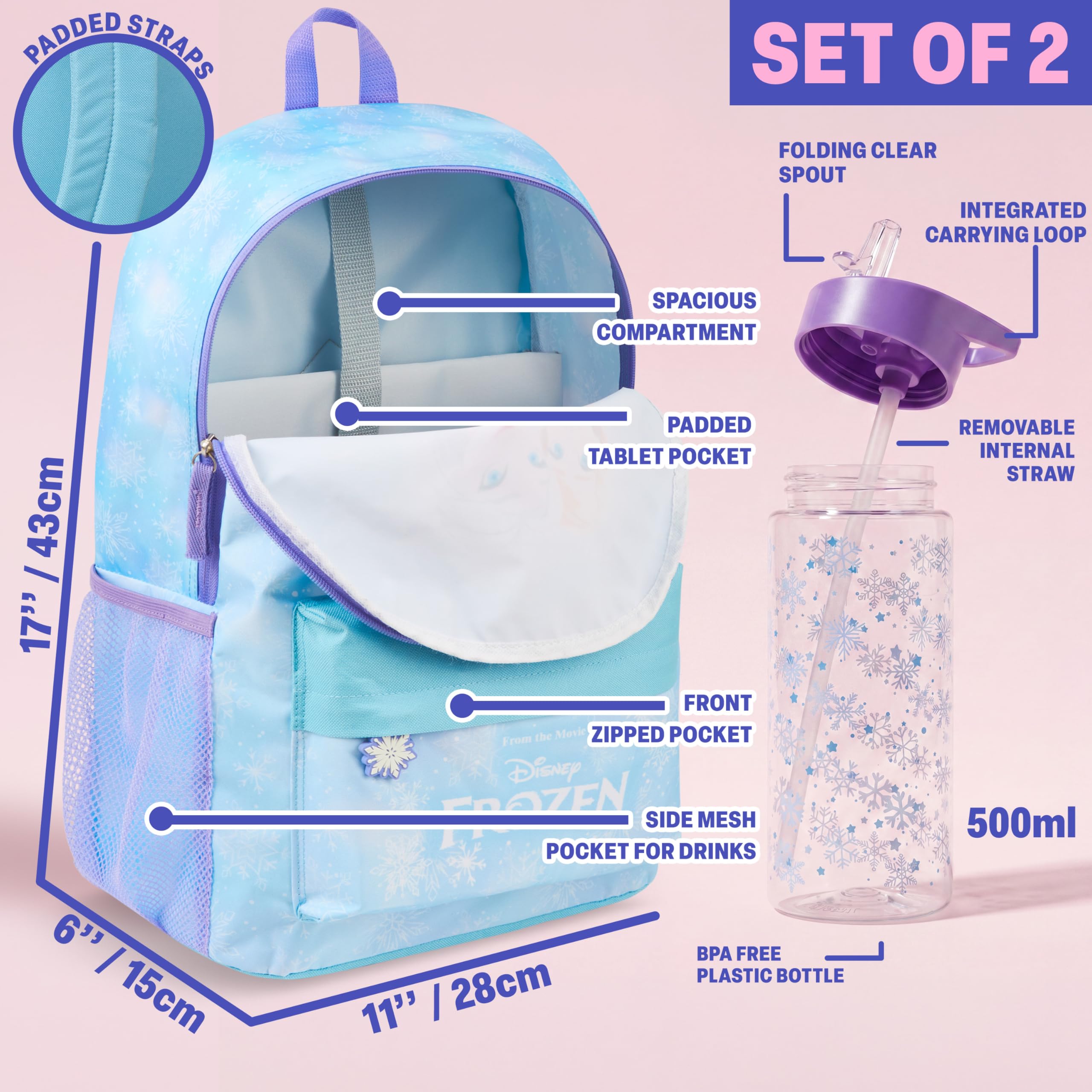 Get Trend Disney Reine des Neiges Sac a Dos Fille avec Gourde Enfant 500ml, Fermeture Eclair Cartable et Gourde sans BPA, Cadeau Fille (Multi Frozen)