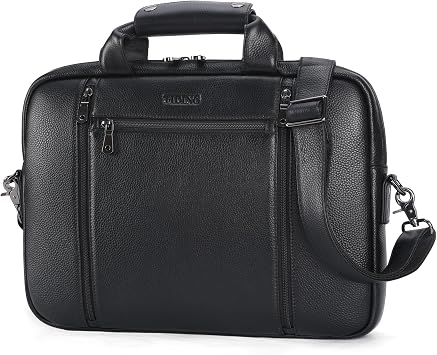 TIDING Full Grain Leather Briefcase for Men 15.6" Laptop Waterproof, Black