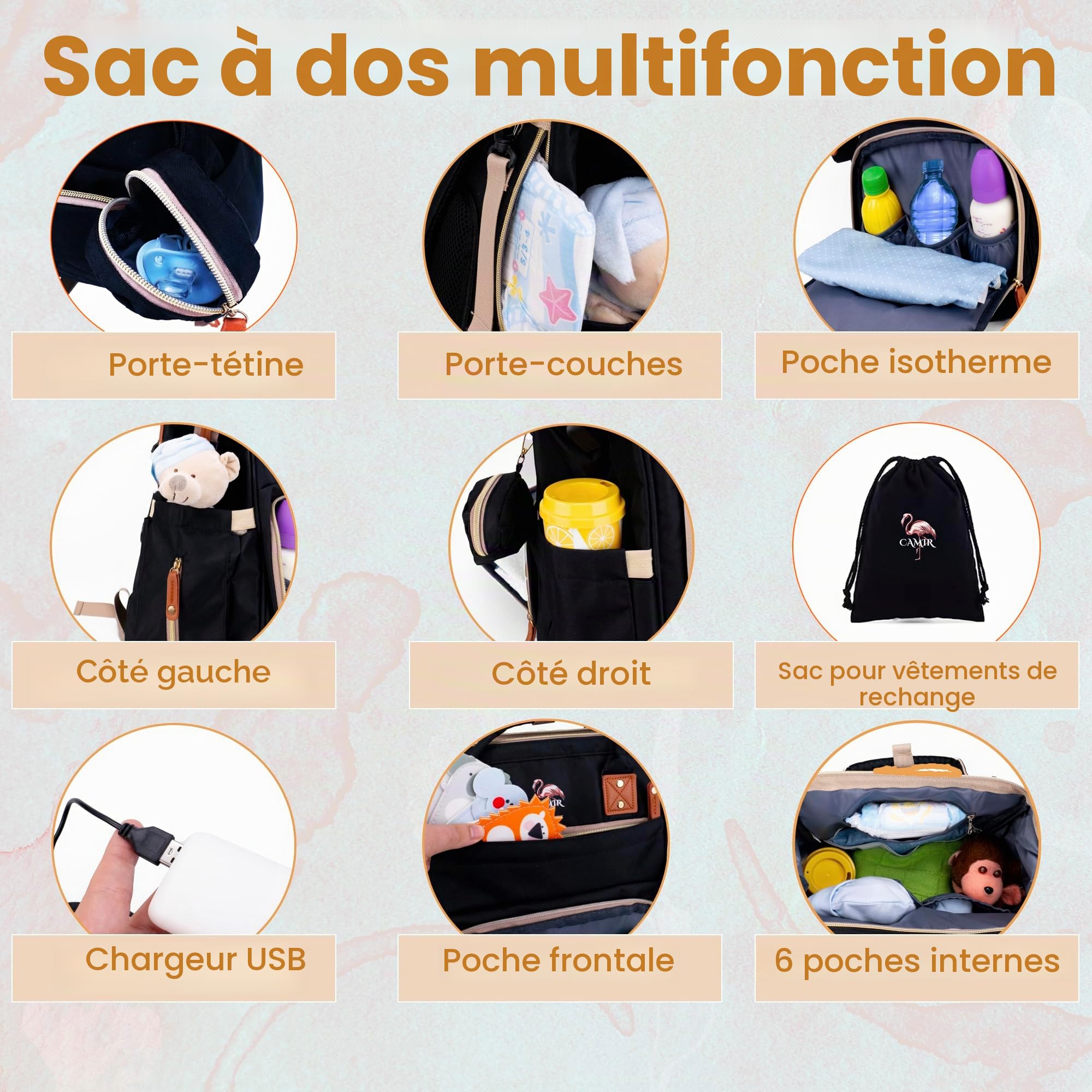 Camir - Sac à langer portable avec crochets pour poussette pour bébé, sac à langer pour bébé, sac à couches maternité pour maman, portable avec crochets pour poussette, sac à langer hôpital.
