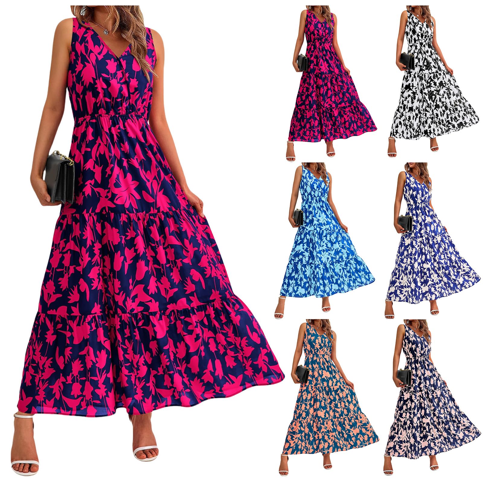 Wedding Guest Dresses for Women 2025 Summer Casual Sleeveless Dress Cute Floral Maxi Dress Swing Flowy Dresses
