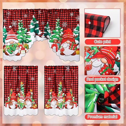 Miniatura 3 de Frienda Juego de 6 cortinas de cocina de Navidad, juego de cortinas de ventana y cenefa, muñeco de nieve, árbol de Navidad, gnomo, búfalo, festón a