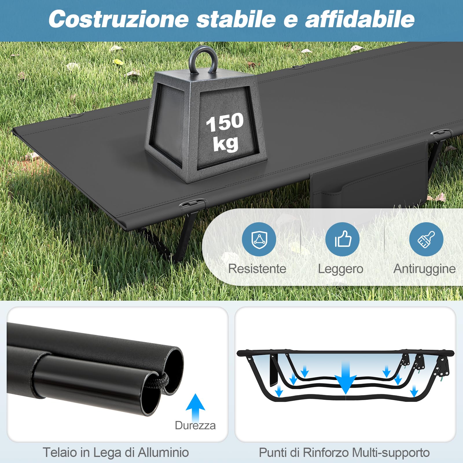 COSTWAY Brandina da Campeggio, Letto Pieghevole e Portatile con Tasca Laterale e Borsa da Trasporto, Lettino con Struttura in Metallo per Viaggio e Spiaggia, Portata 150 kg