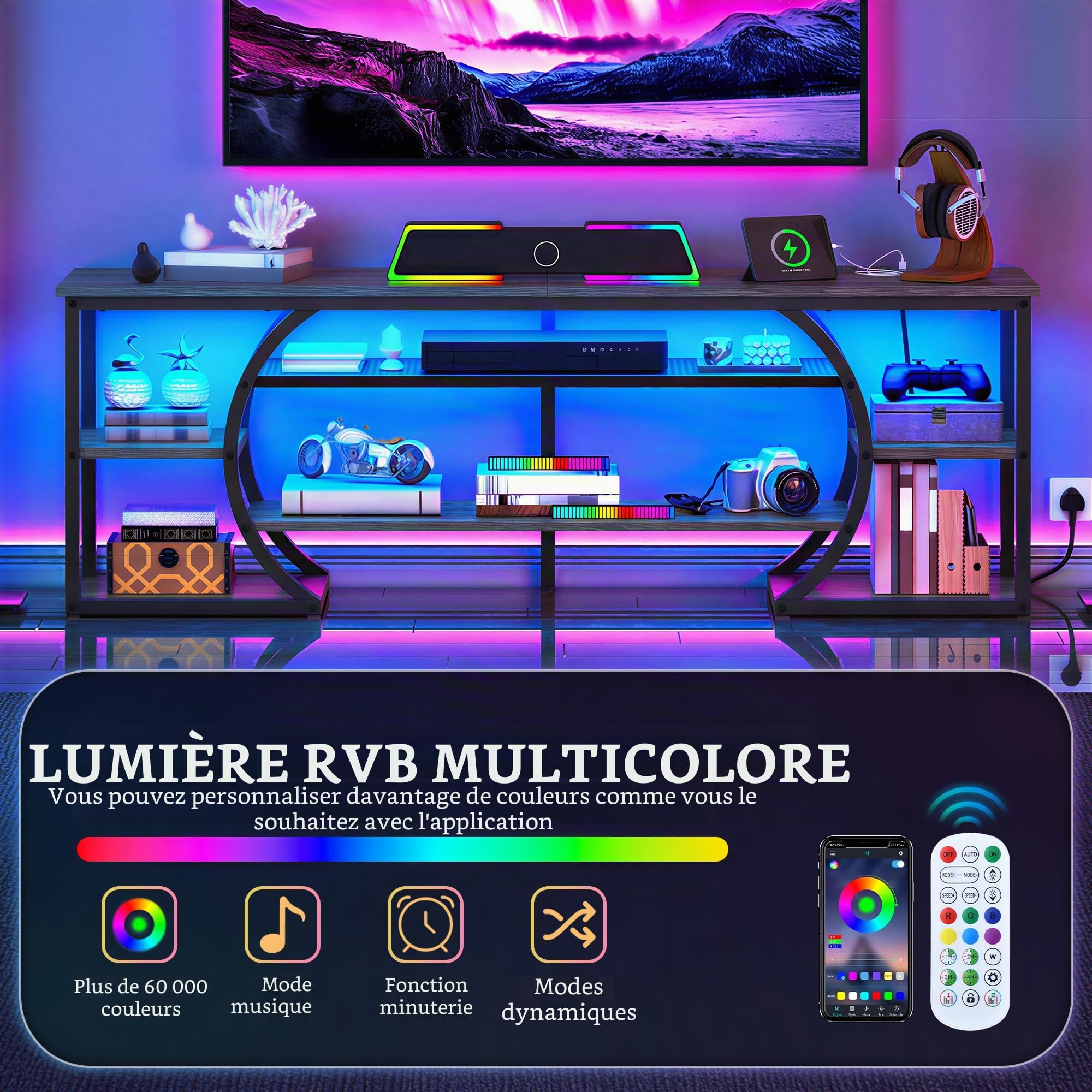YITAHOME Meuble TV sur Pied de 160 cm avec 2 Prises AC et 2 USB pour téléviseur jusqu'à 70" avec 7 LED RVB 22 Modes d'éclairage Centre de Divertissement pour Salon et Chambre à Coucher Gris Rustique