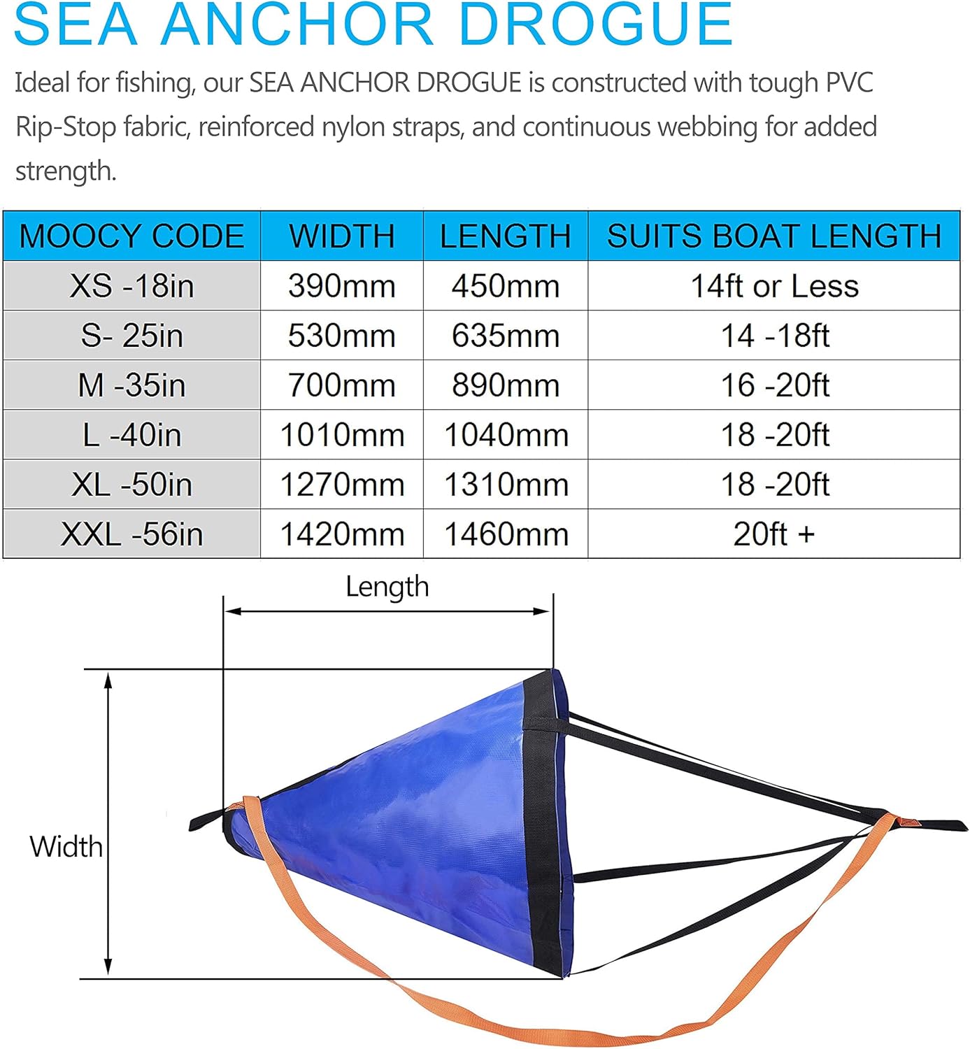 MOOCY Drift Sock with 15ft. Heavy Duty Harness Buoy, Ocean Anglers Fishing Drogue for Boat/Kayak/Pontoon (18in)