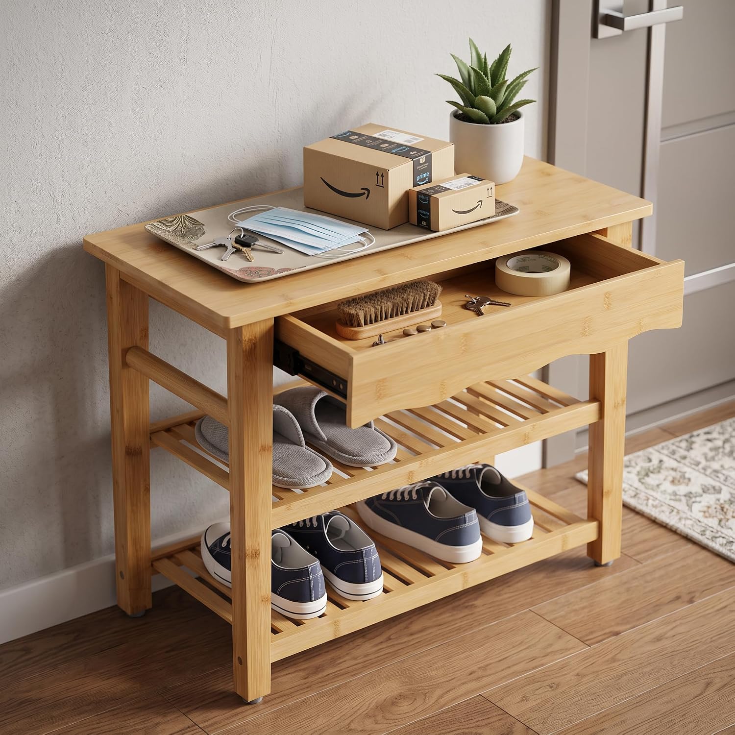 Goaste Shoe Rack Bench with Drawer, 3-Tier Natural Bamboo Entryway Bench, Sturdy Shoe Storage Organizer Holds Up to 330 LBS, 24 x 12.6 x 18.1 Inch for Foyer Hallway Bathroom Bedroom Mudroom Closet