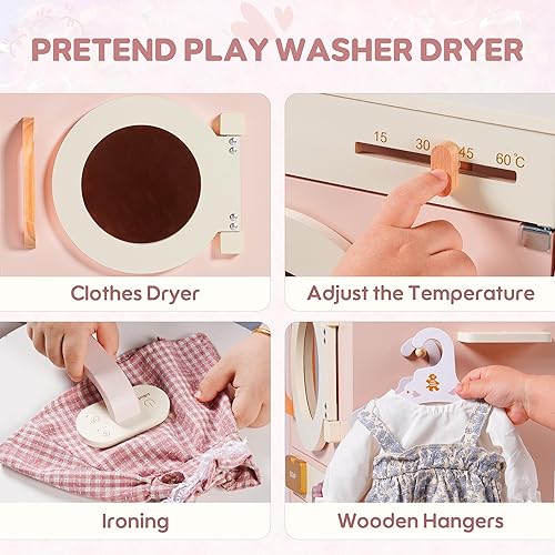 Miniatura 3 de ROBOTIME Kids Washer and Dryer Playset – Wooden Laundry Pretend Play Set with Ironing, Color Beads Drum, Toy Washing Machine & Dryer Set for