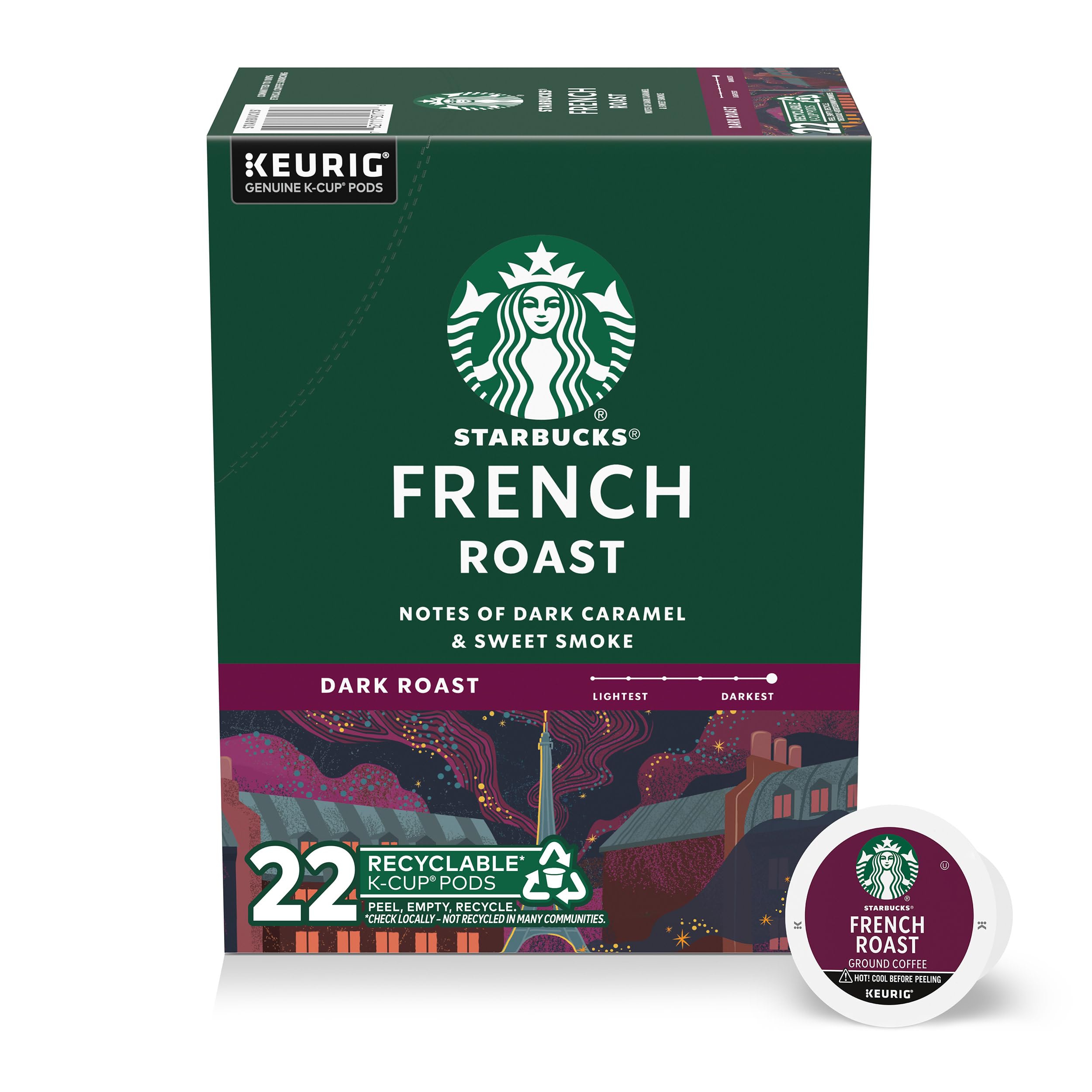Starbucks K-Cup Coffee Pods, Dark Roast Hot or Iced Coffee, French Roast, 22 Keurig Pods