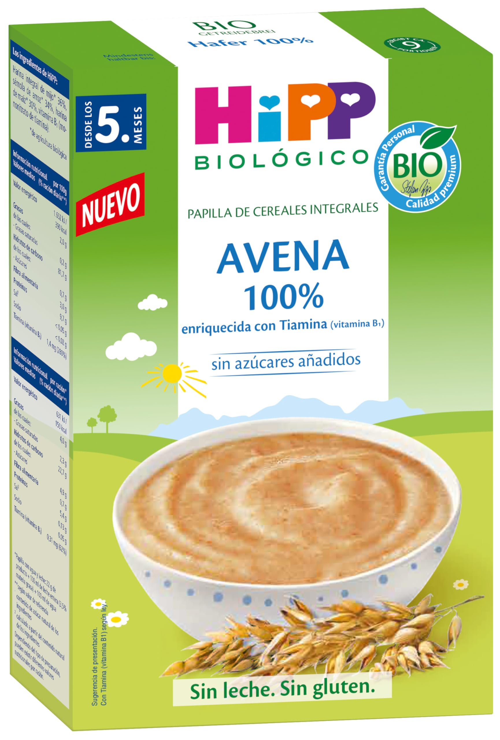 HiPP Biológico - Avena 100% - Papilla de Cereales Integrales - Apta a partir de 5 meses - Sin lactosa, Sin glútén, sin azúcares añadidos - 200 gr
