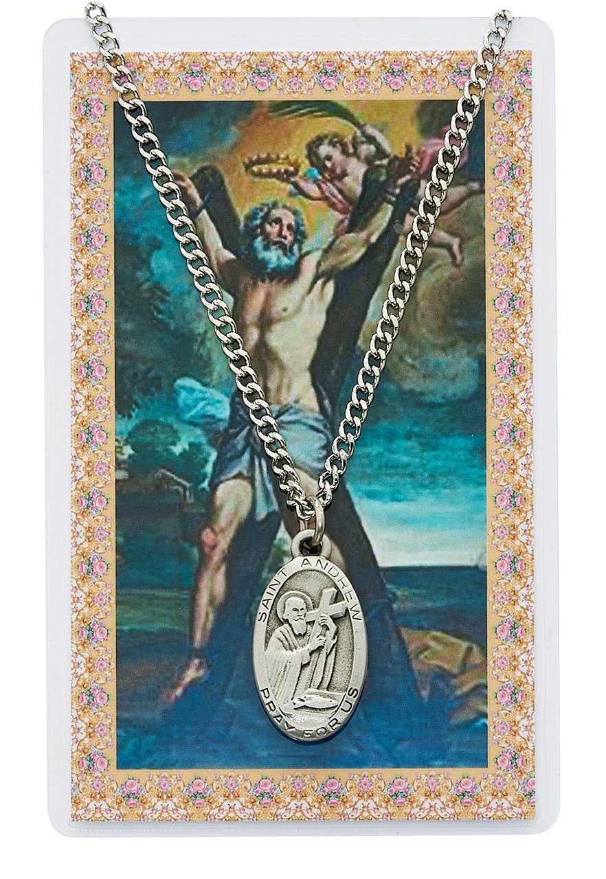 McVanSaint Andrew 1-inch Pewter Medal Pendant Necklace with Holy Prayer Card