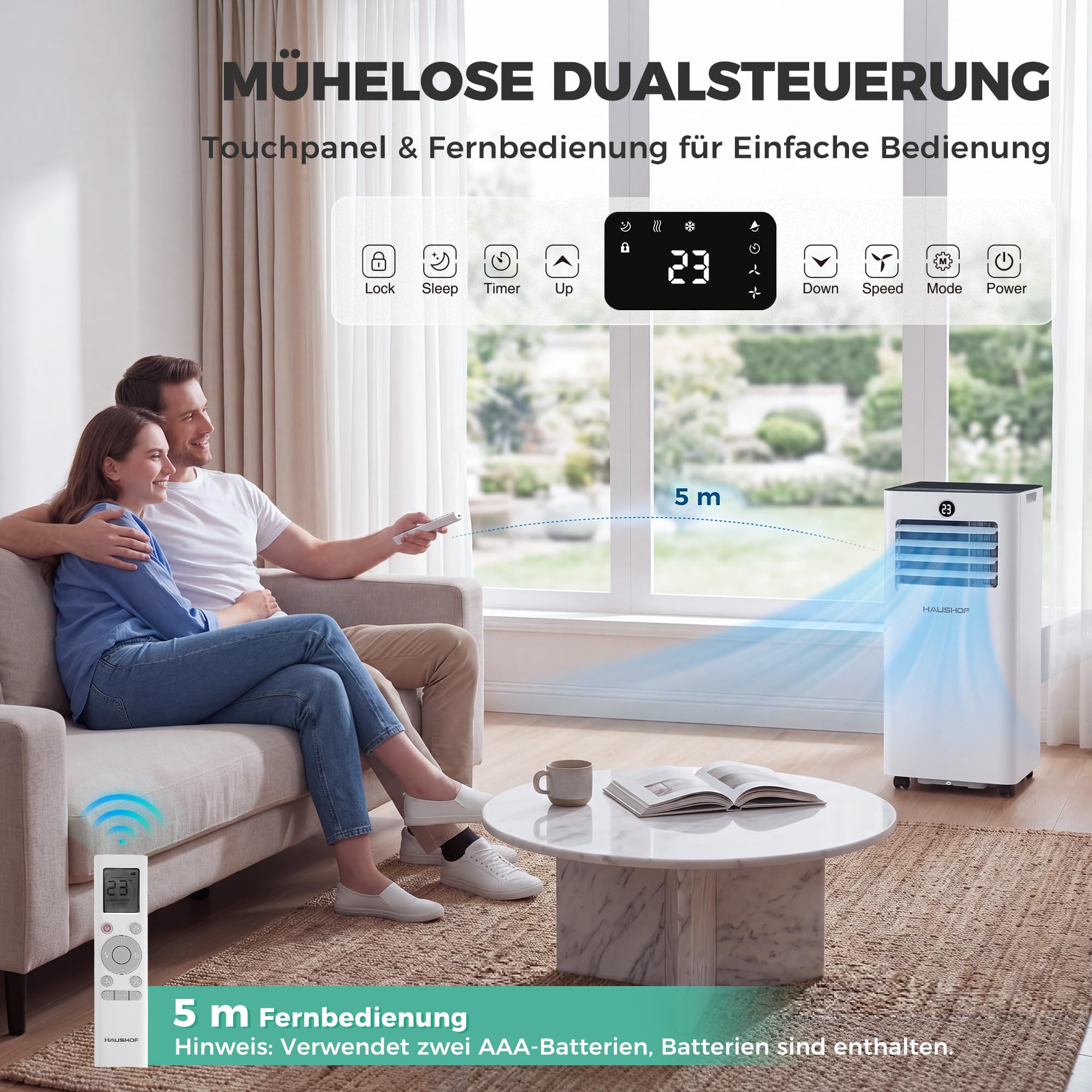 HAUSHOF Mobile Klimaanlage 9000 BTU, 4-in-1 Klimagerät mit Abluftschlauch & Isolierhülle, Kühlen/Entfeuchten/Ventilieren/Nachtmodus, 330 m³/h, mit Fensterdichtungsset, für Räume bis 30 m²