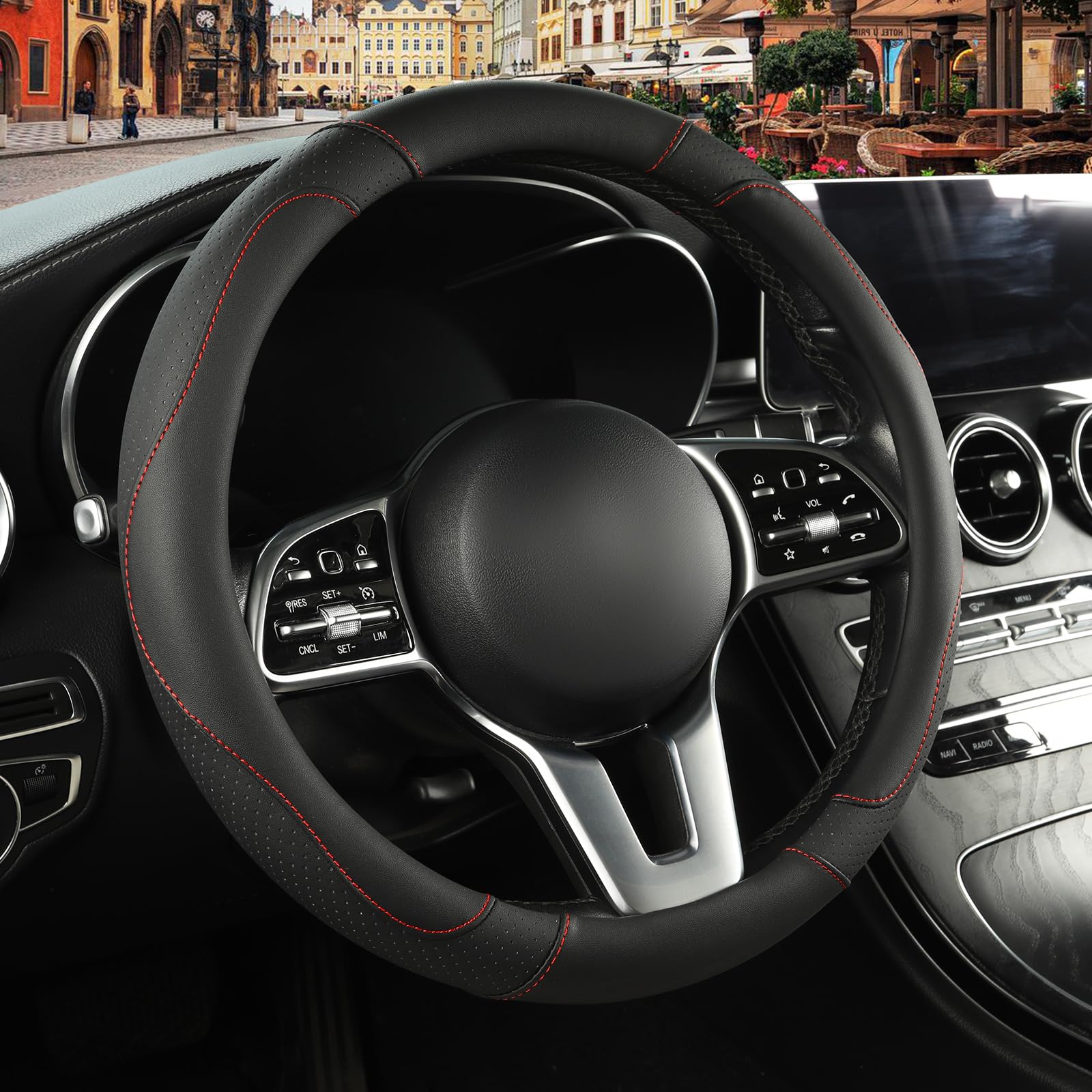 BINSHEO Automative Car Steering Wheel Cover 15 inch Comfort Durability Safety Anti-Slip,Black