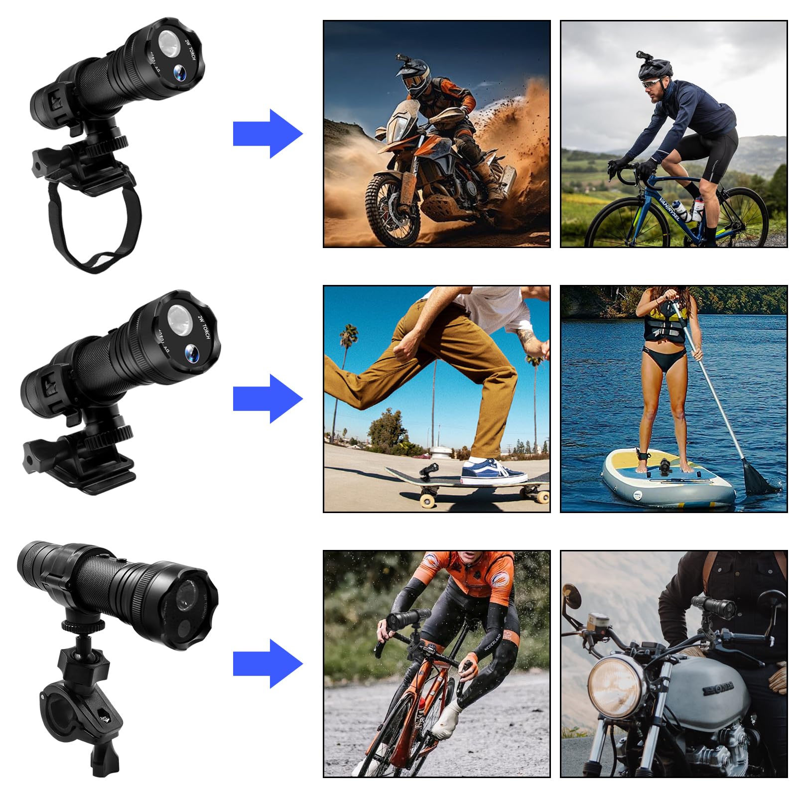Camera Sport 1080P 120° avec Lampe, 2600mAh 11h Autonomie