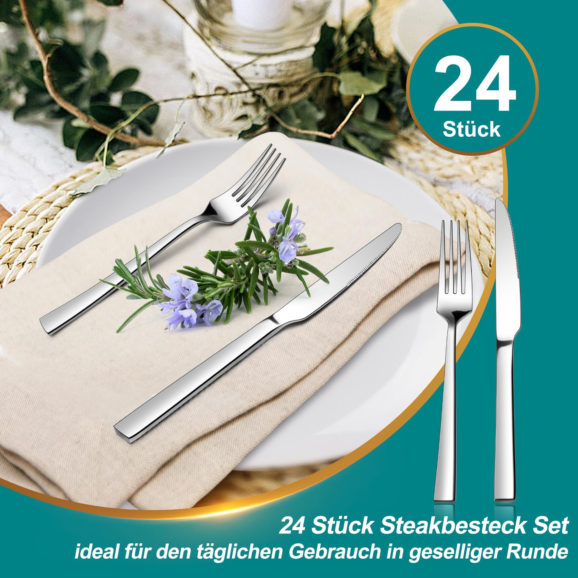 Homikit Steakbesteck Set, 24-teilig Edelstahl Steakmesser und Steakgabel, Steakbesteck Set für 12 Personen, Silber Besteckset mit Quadrat Griff für Haus Restaurant Hotel, Rostfreie & Spülmaschinenfest