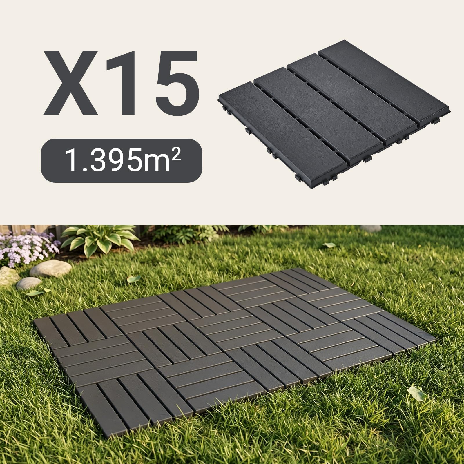 Sobuy Set de 15 Piezas Suelo para Terraza Exterior, Suelo Composite Exterior Antideslizante Impermeable Suelo Terraza Jardin Piscina Gris 30.5x30.5x2 cm SDA14-HG