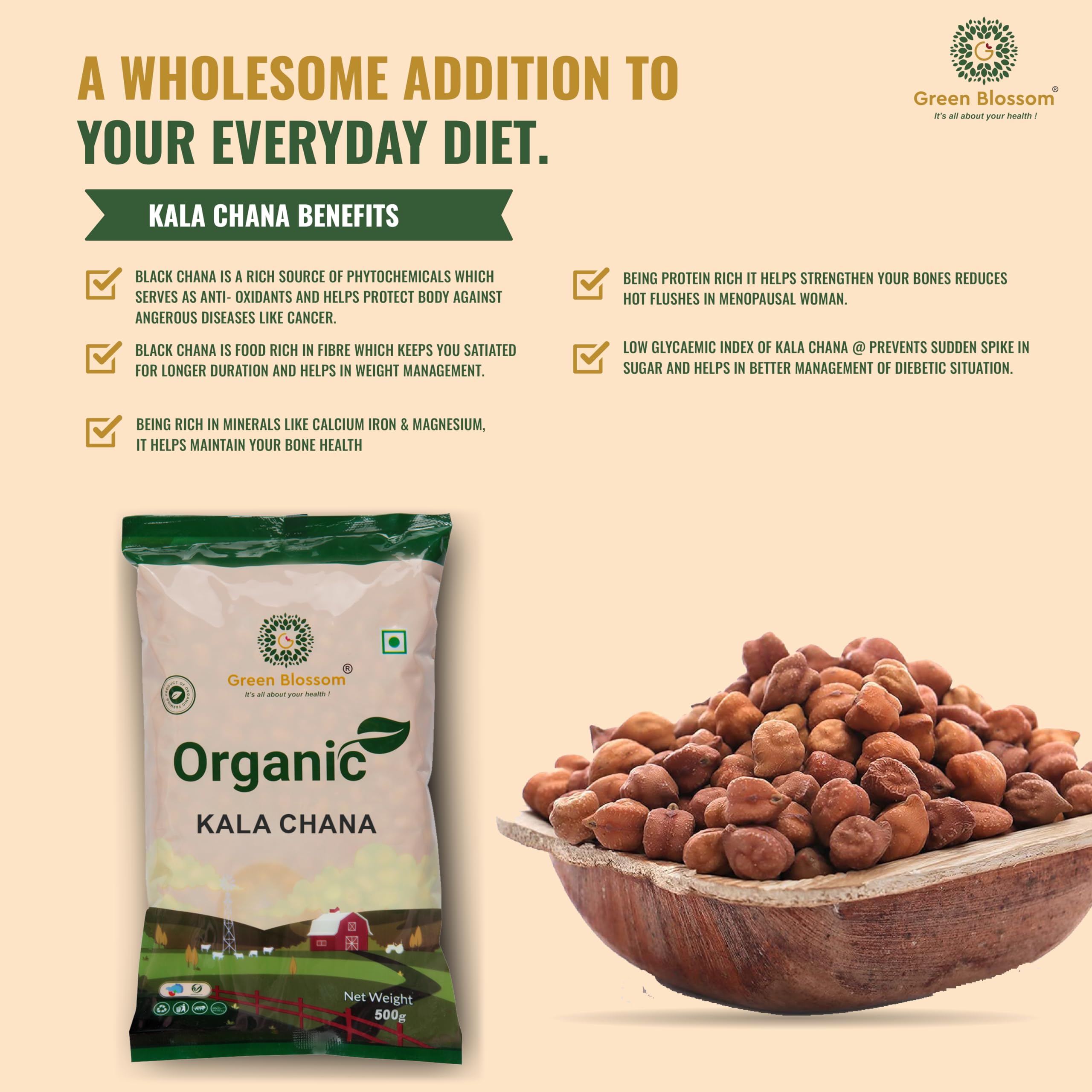 Green Blossom Organic Desi Chana/Begalgram whole - Unpolished 100% Vegan 5 Kg (500g x Pack of 10) 2